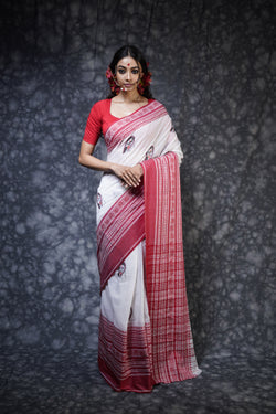 Handwoven White red border cotton saree with kantha work