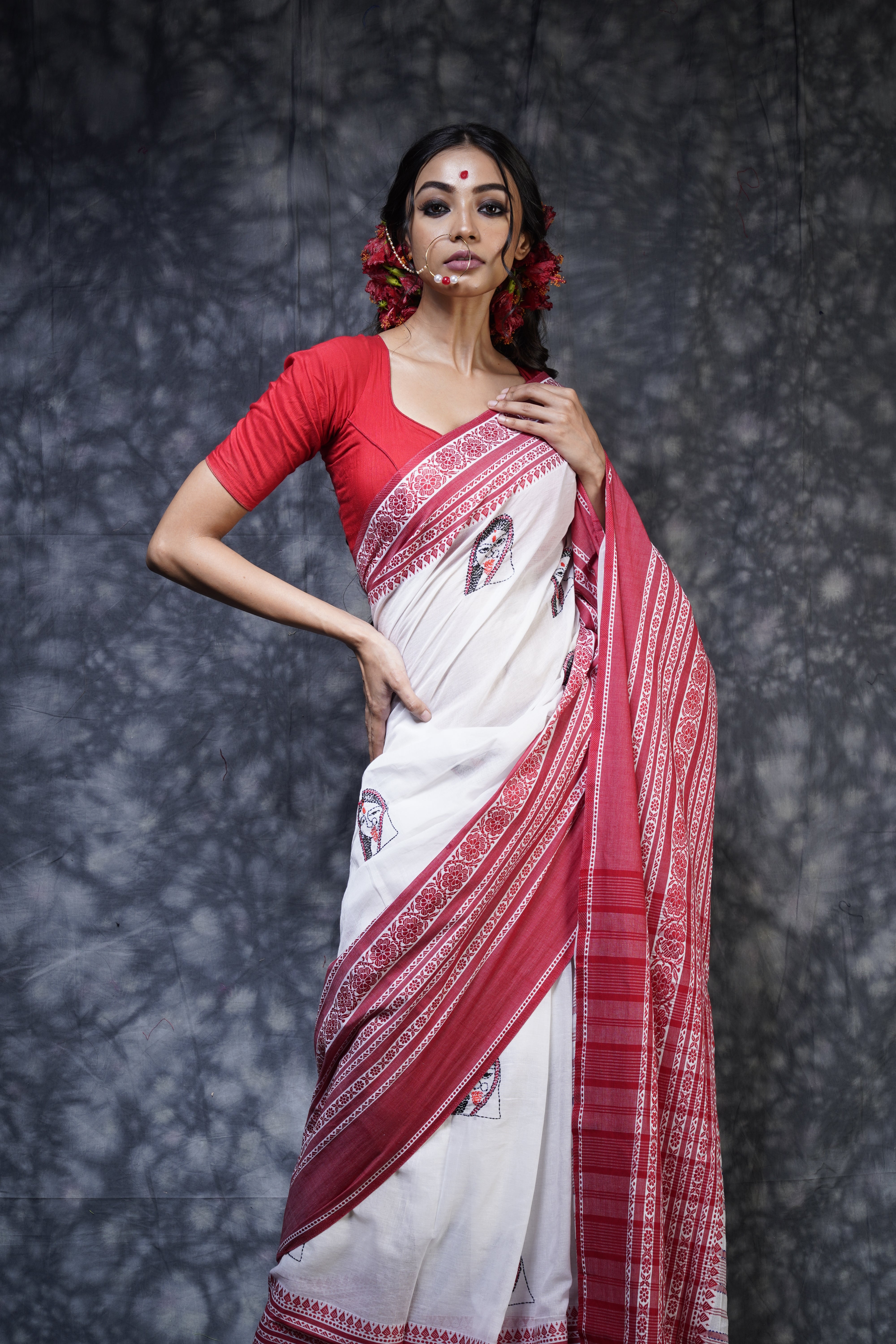 Handwoven White red border cotton saree with kantha work