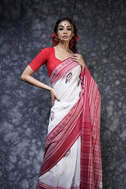 Handwoven White red border cotton saree with kantha work