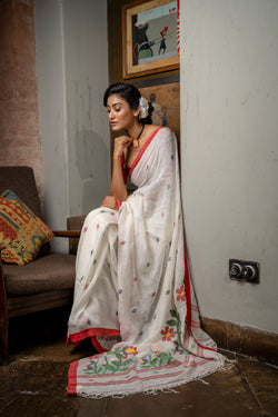 Handwoven white Linen jamdani Saree