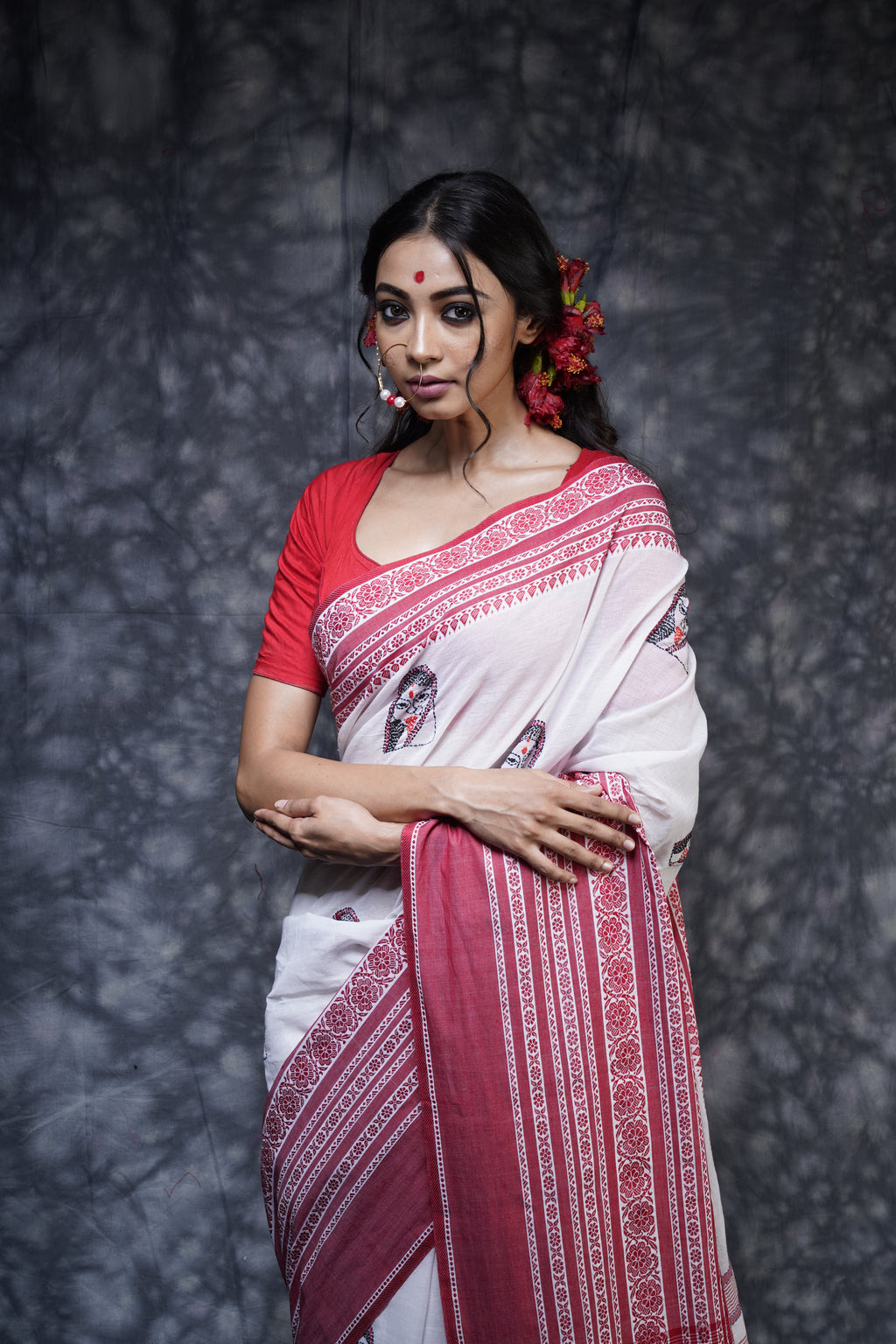 Handwoven White Red Border Cotton Saree With Kantha Work