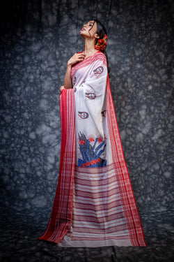 White red border cotton saree with kantha work - Aankona