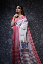 Handwoven White Red Border Cotton Saree With Kantha Work