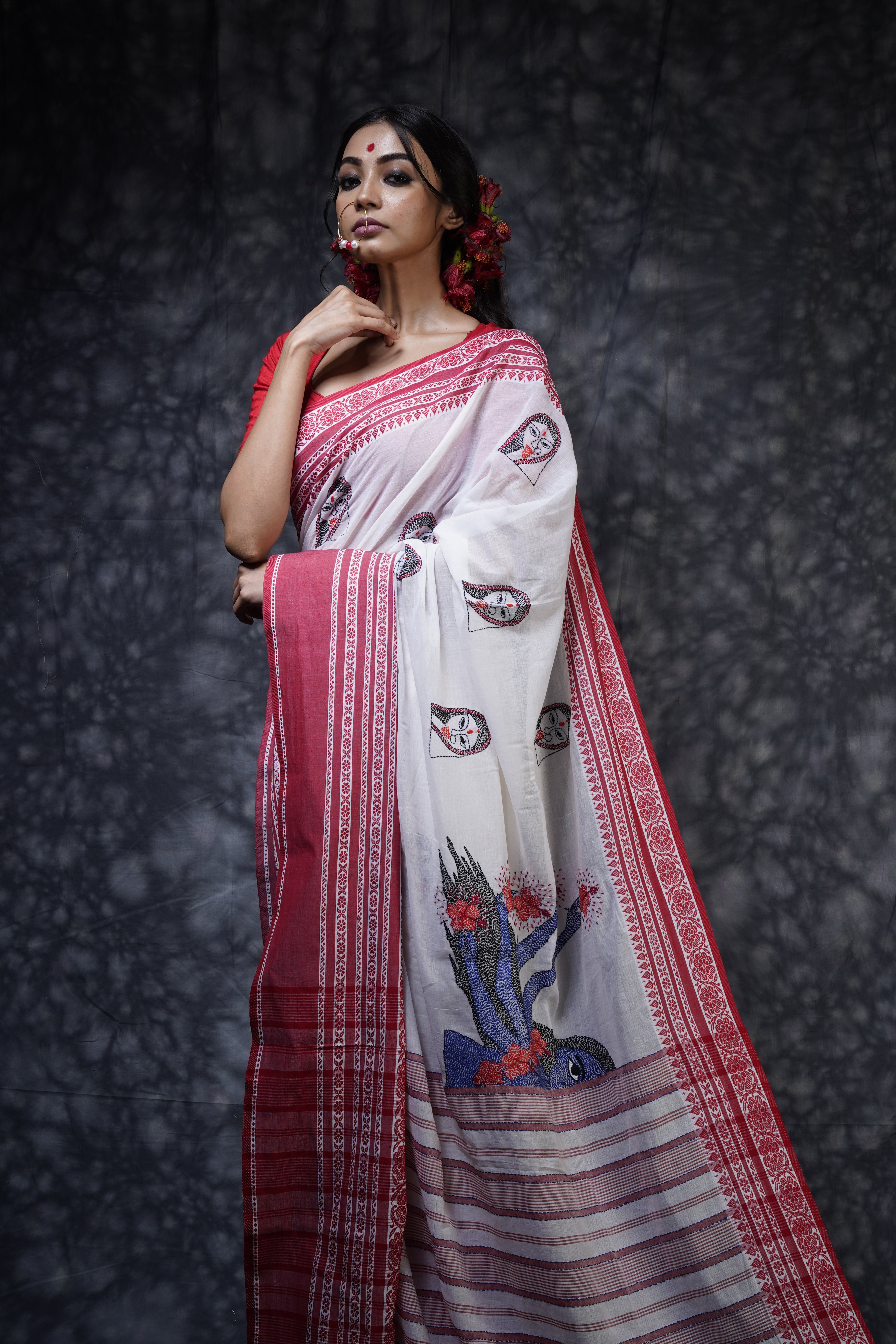 Handwoven White Red Border Cotton Saree With Kantha Work
