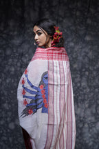 Handwoven White Red Border Cotton Saree With Kantha Work