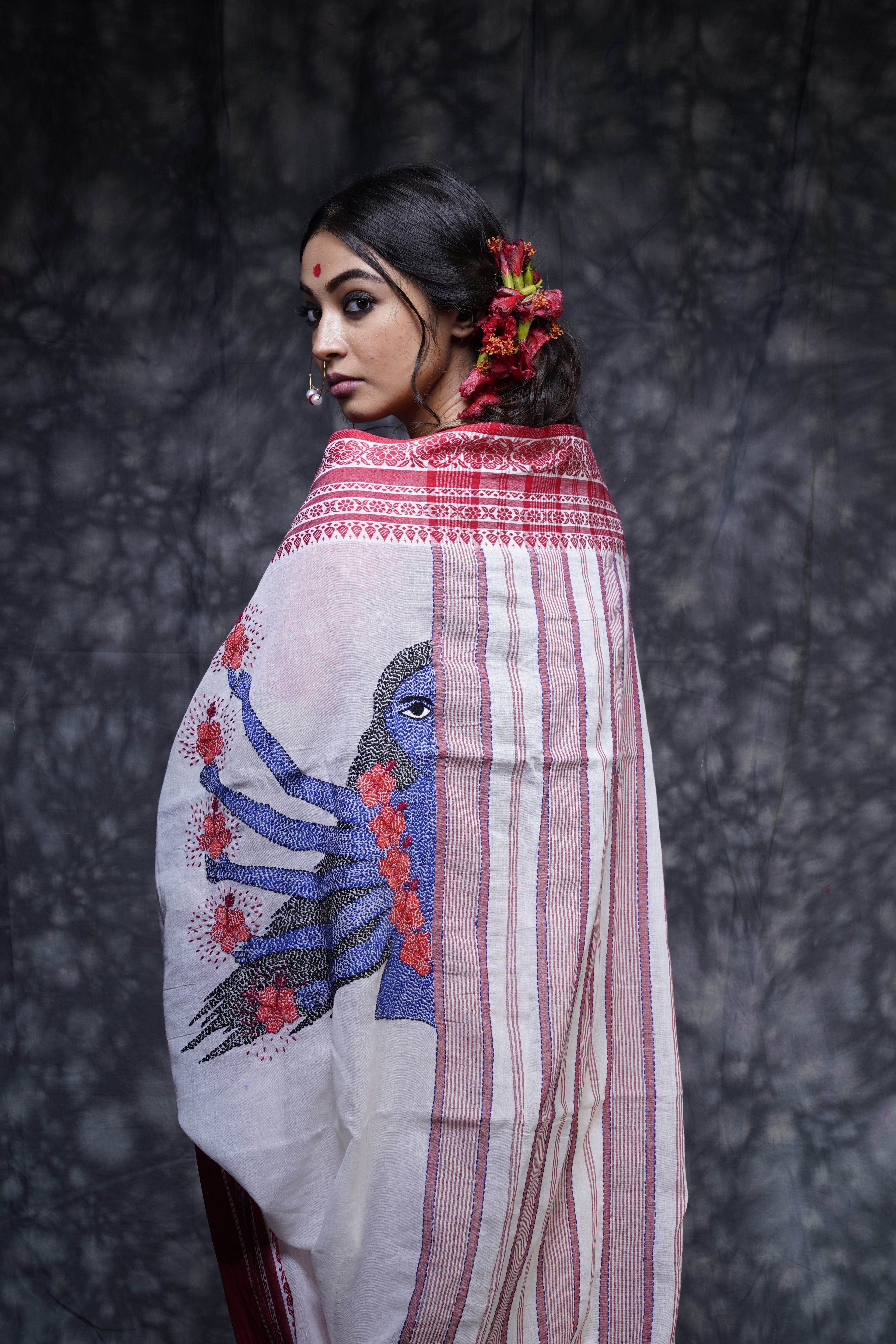 Handwoven White Red Border Cotton Saree With Kantha Work