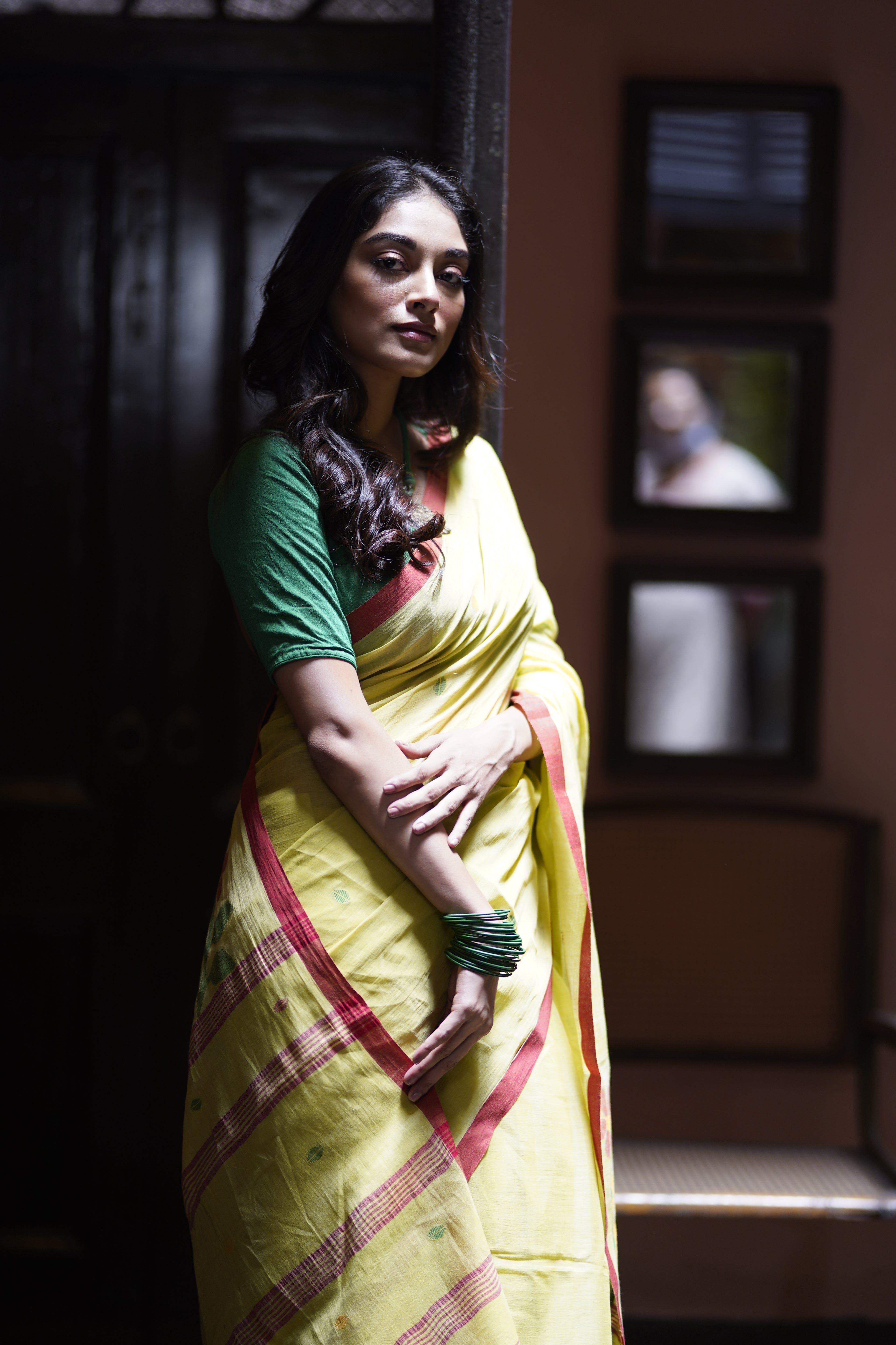 Yellow cotton Jamdani handloom saree