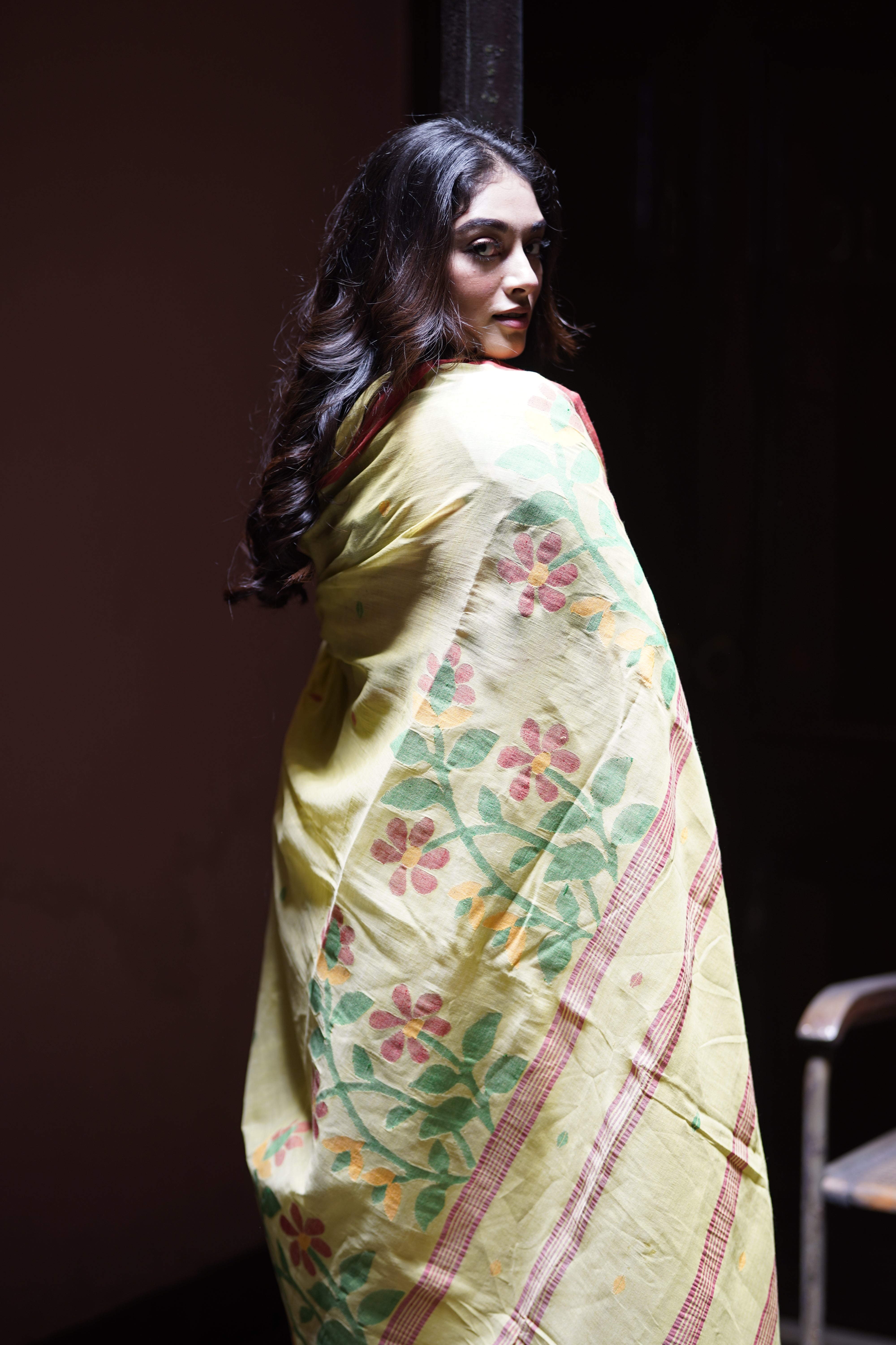 Handwoven Yellow Cotton Jamdani Saree