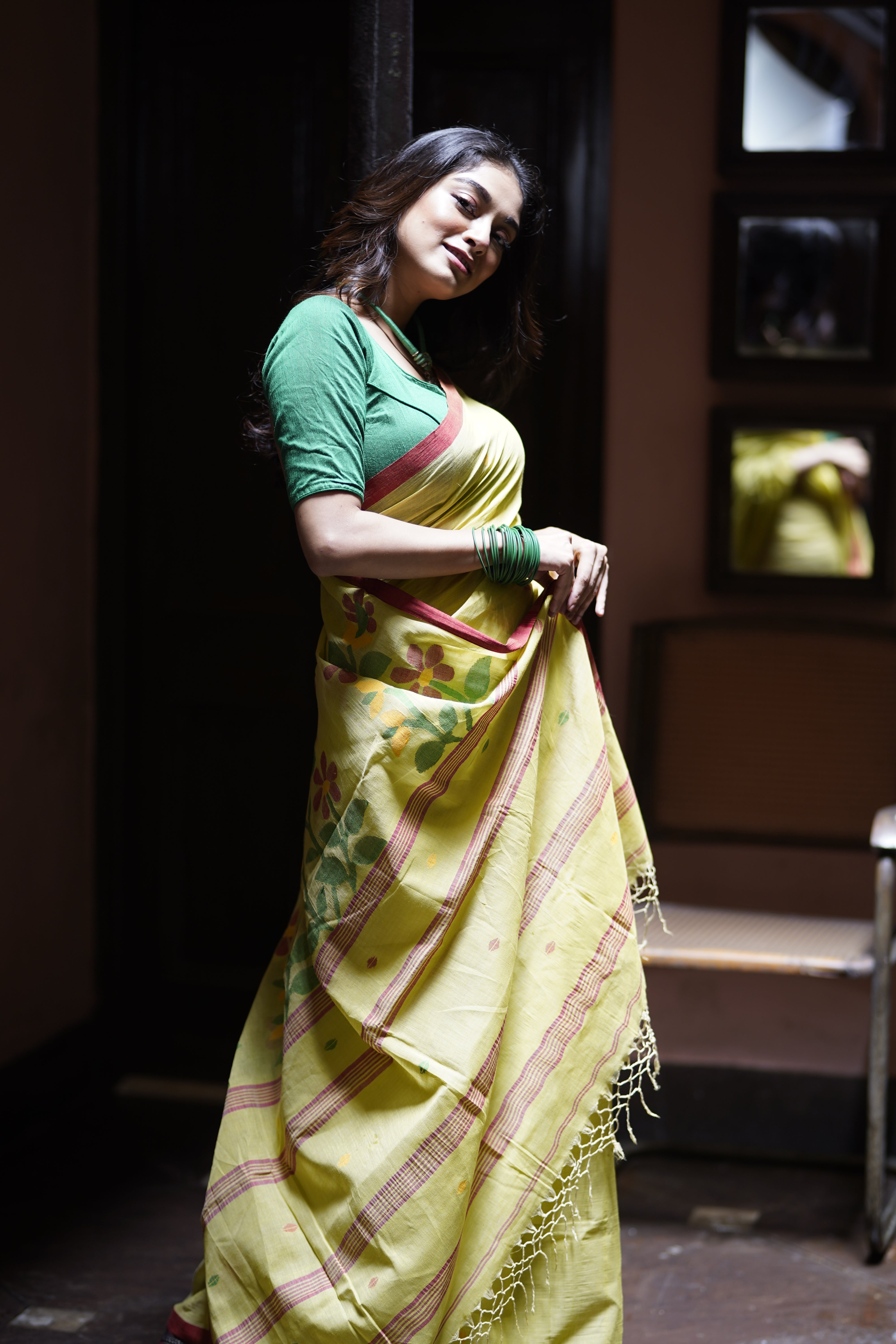 Handwoven Yellow Cotton Jamdani Saree