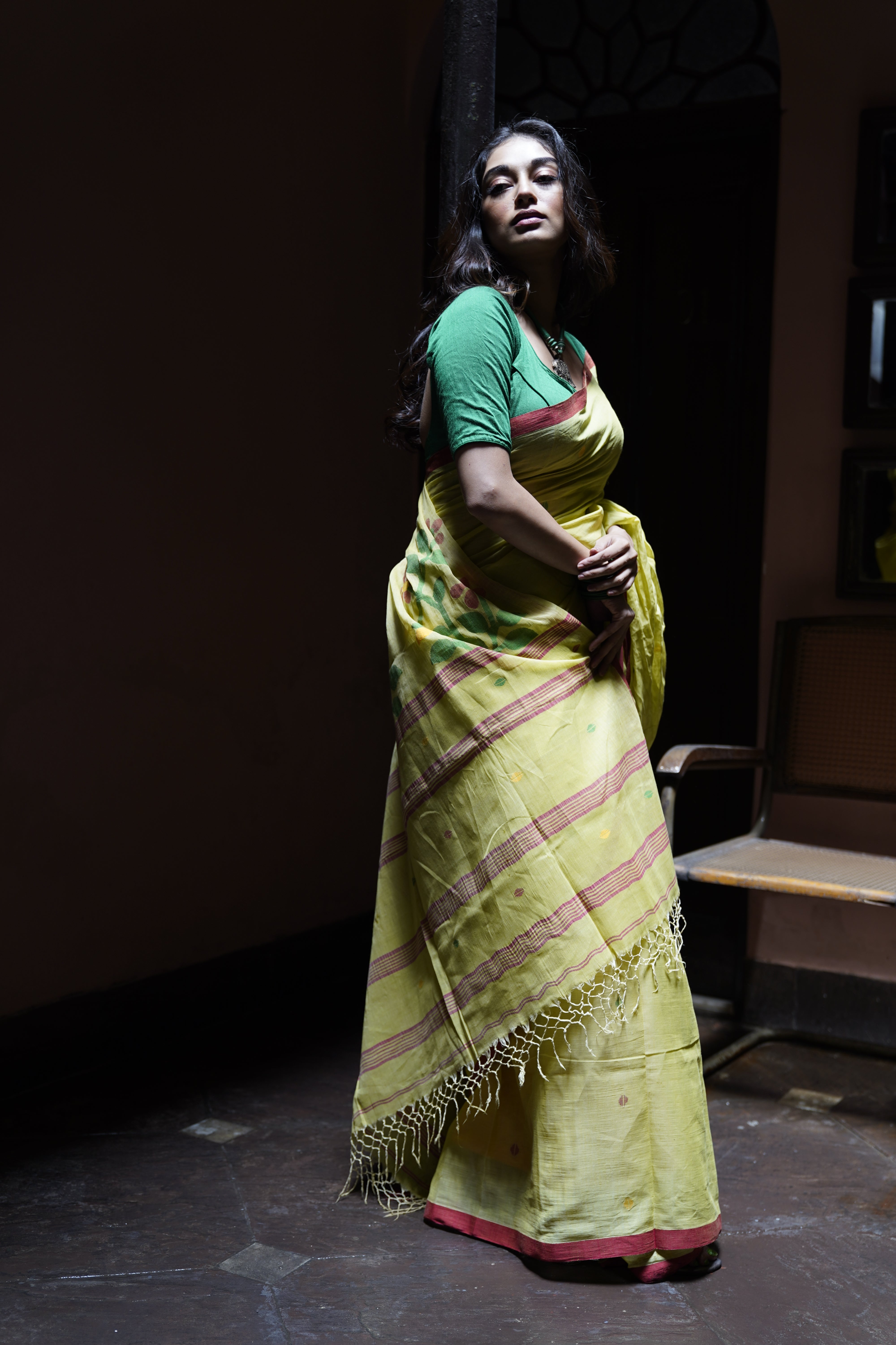 Handwoven Yellow Cotton Jamdani Saree