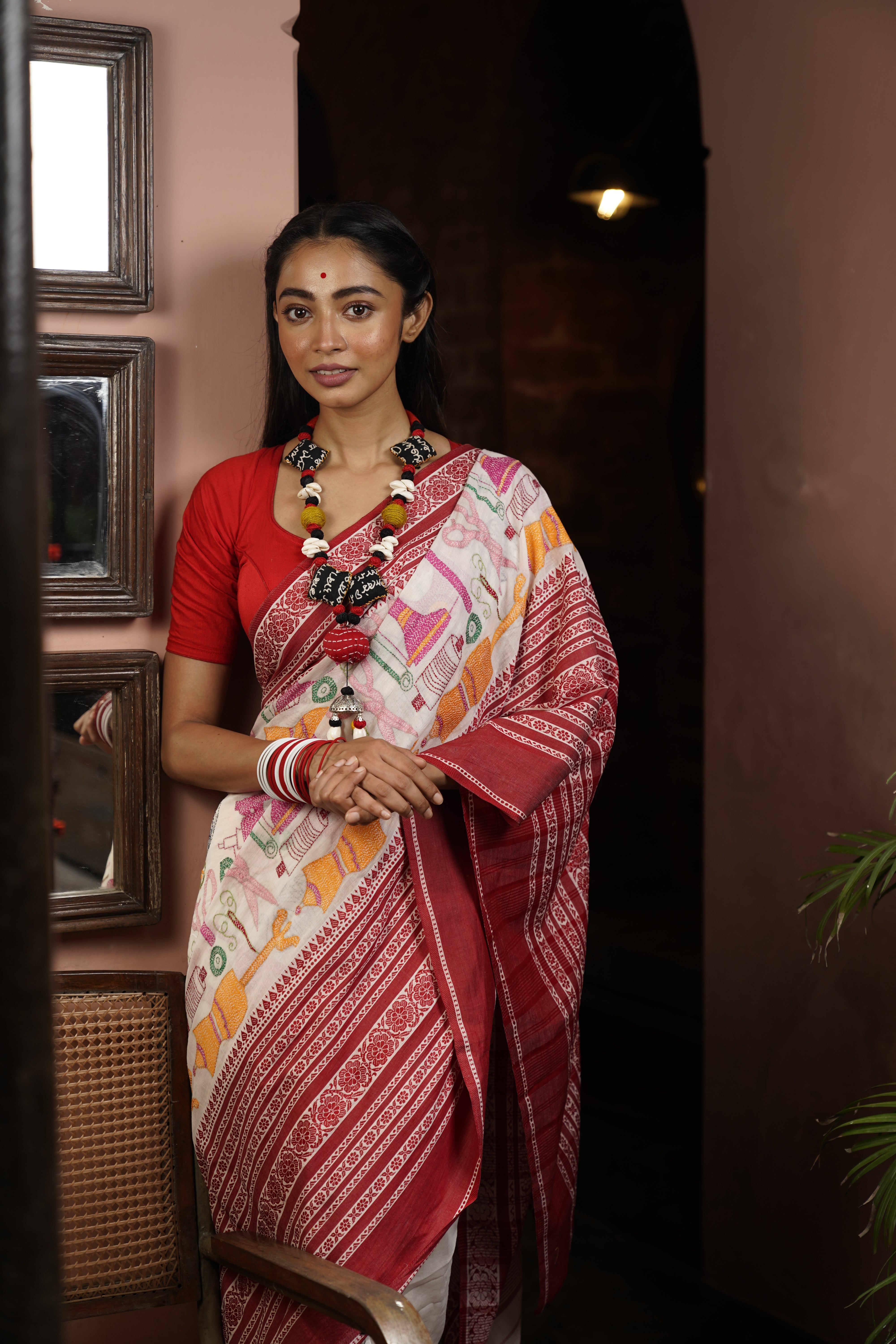 Handwoven cotton saree with Multi color kantha work