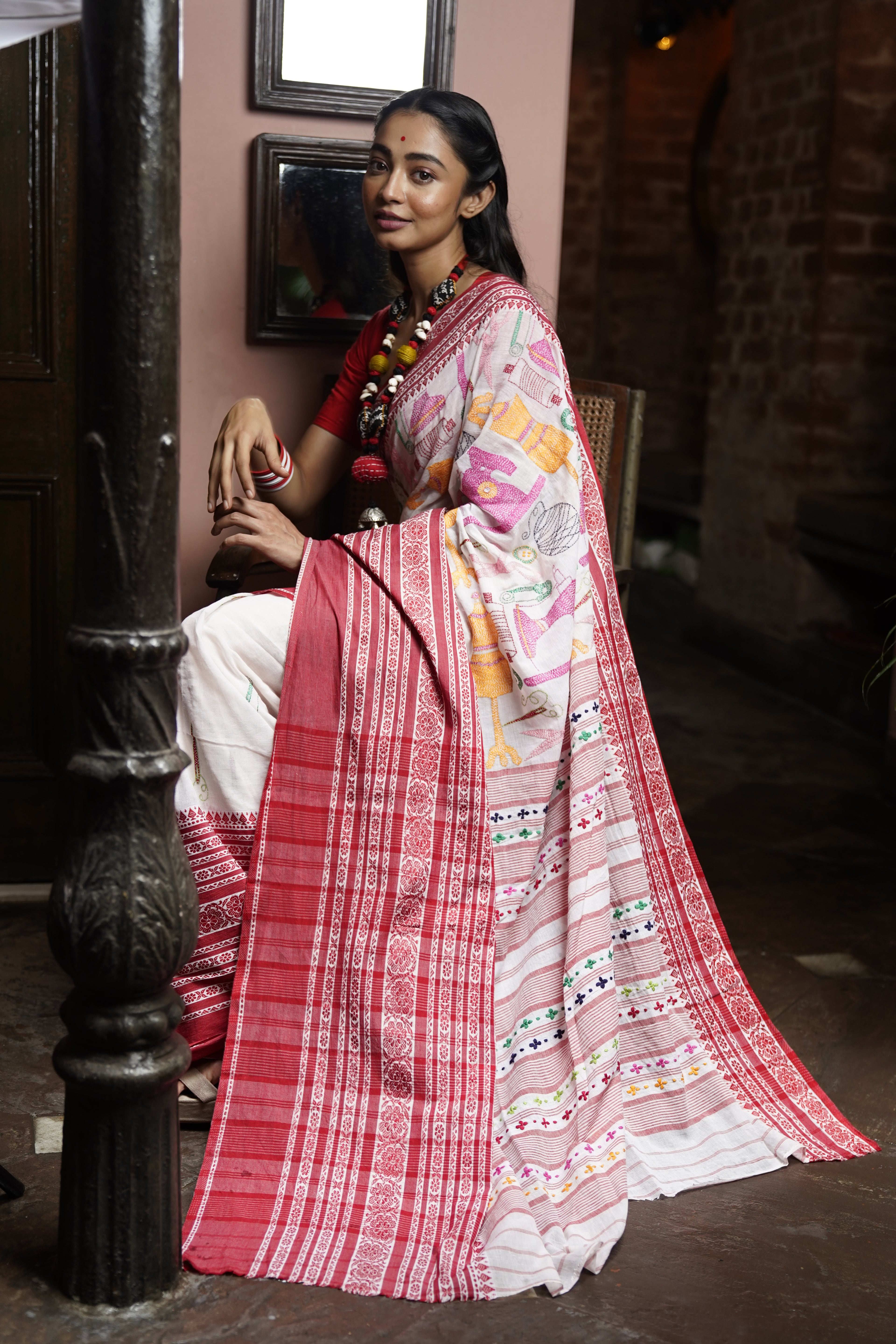 Handwoven Cotton Saree With Multi Color Kantha Work