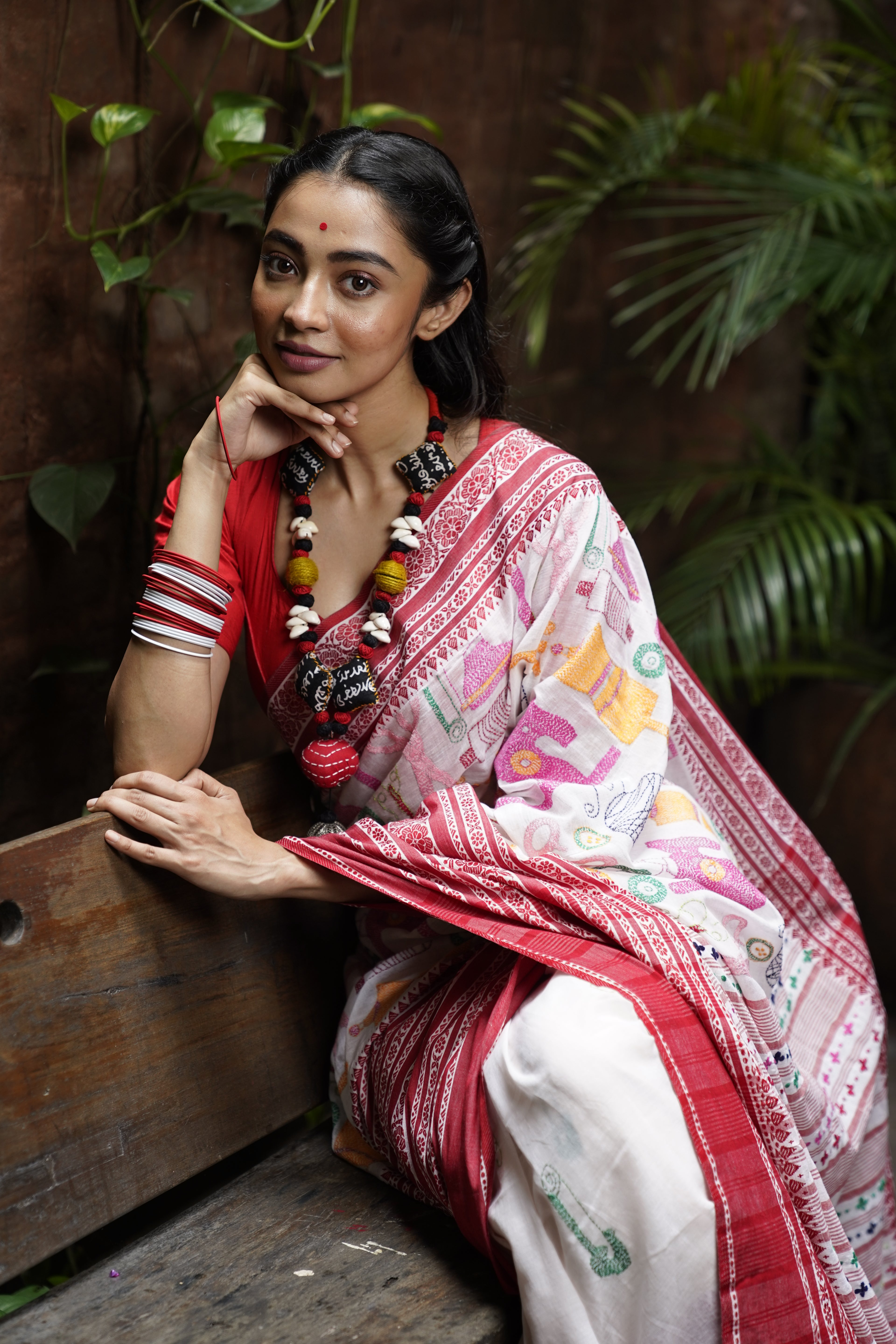 Handwoven Cotton Saree With Multi Color Kantha Work