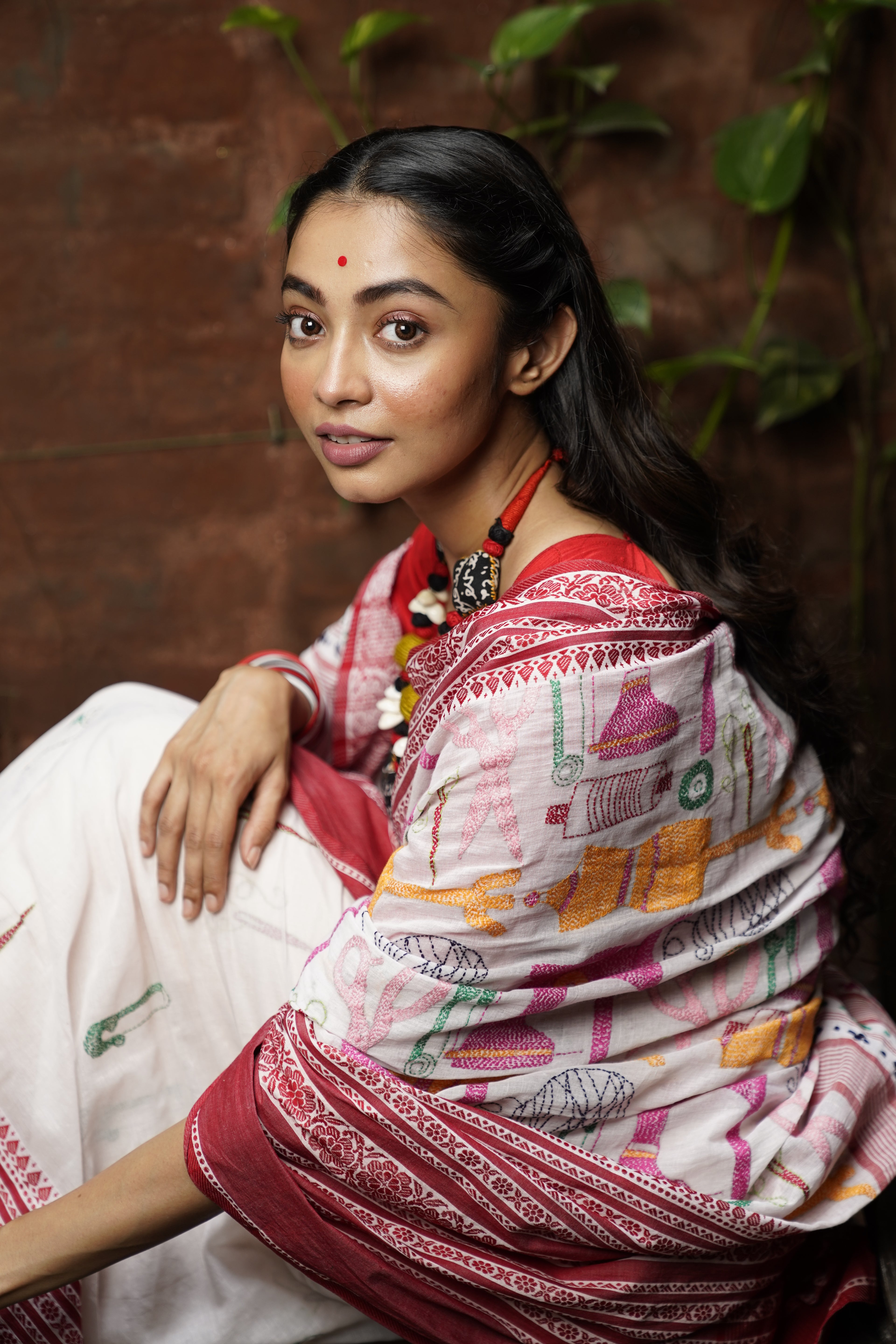 Handwoven Cotton Saree With Multi Color Kantha Work