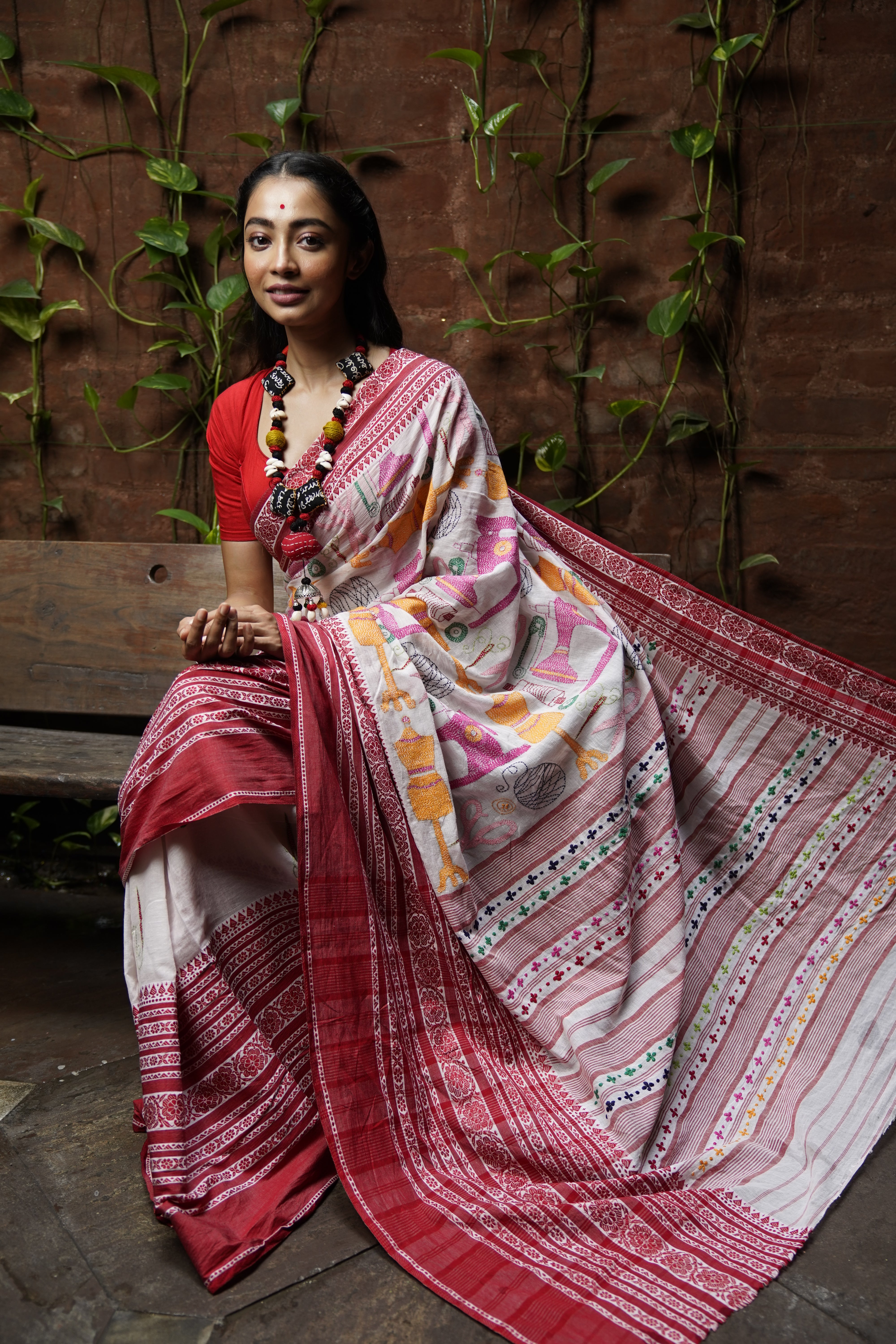 Handwoven cotton saree with Multi color kantha work