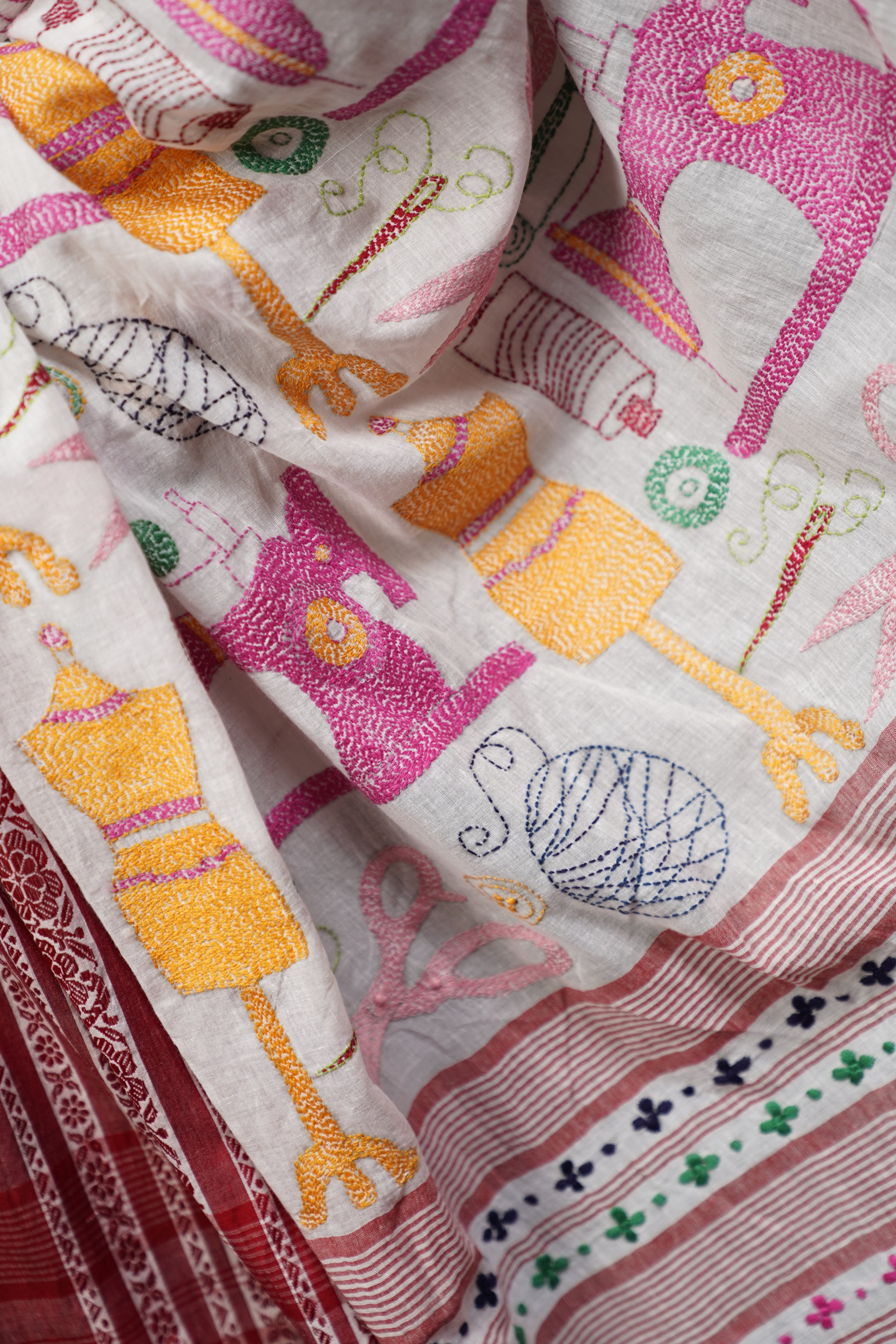 Handwoven Cotton Saree With Multi Color Kantha Work