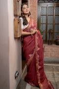 Handwoven Red Linen Saree With Kantha Work