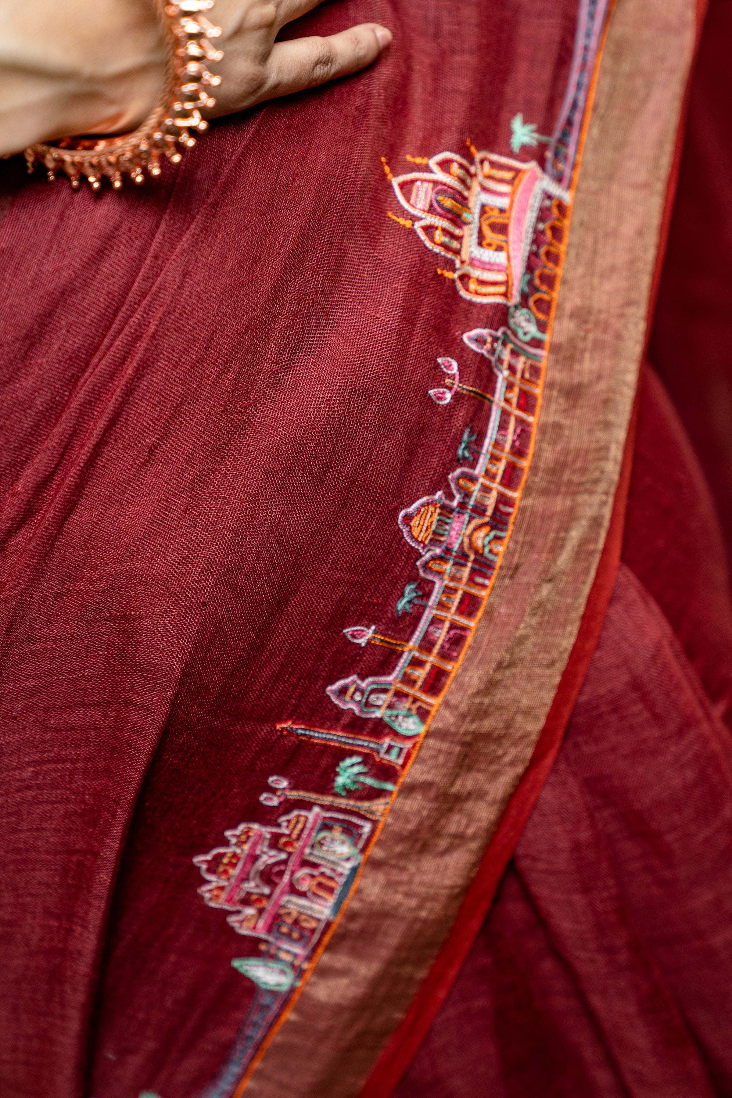 Handwoven Red Linen Saree With Kantha Work