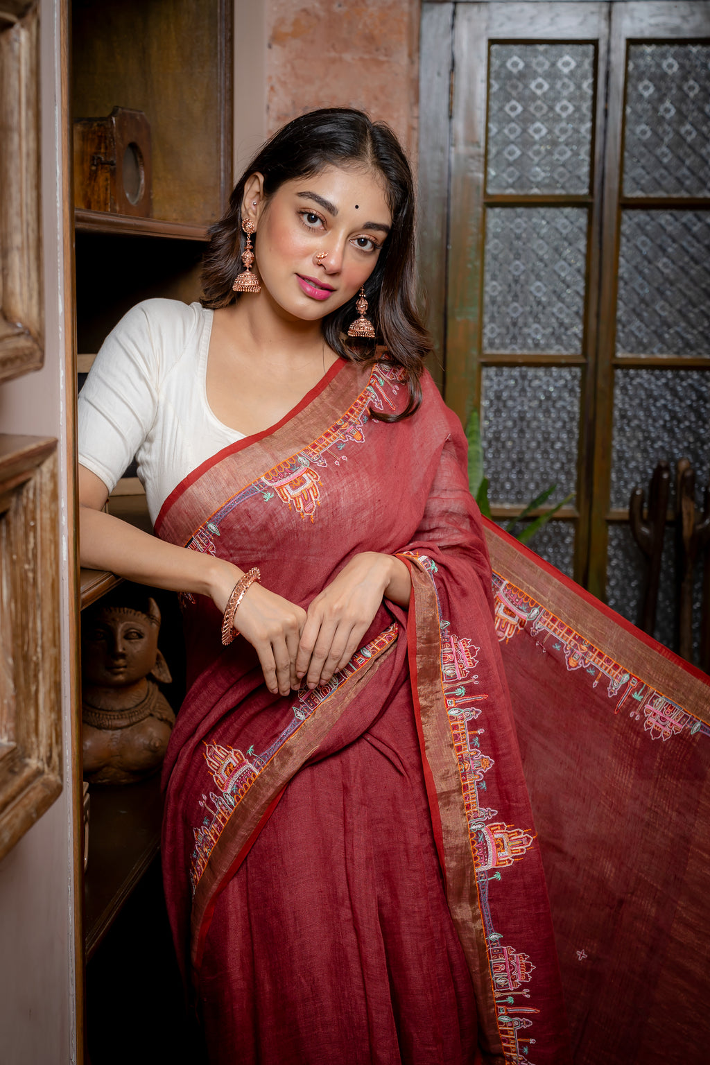 Handwoven Red Linen Saree With Kantha Work