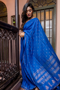 Handwoven Blue Khadi linen Jamdani Saree