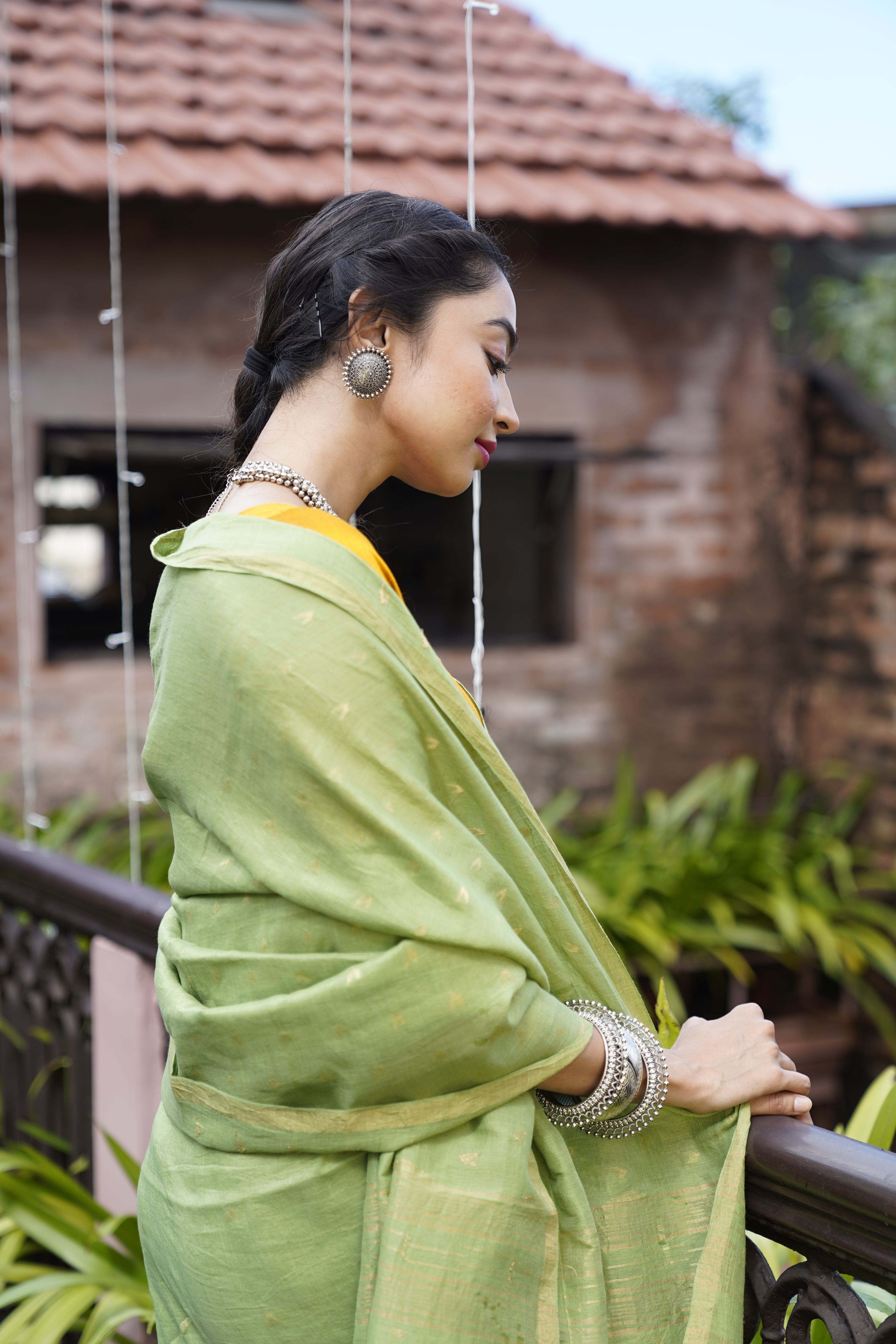 Handwoven Green Khadi jamdani Saree