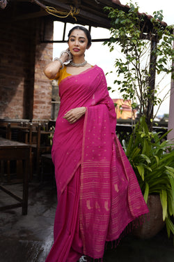 Handwoven Pink Khadi Linen Jamdani saree