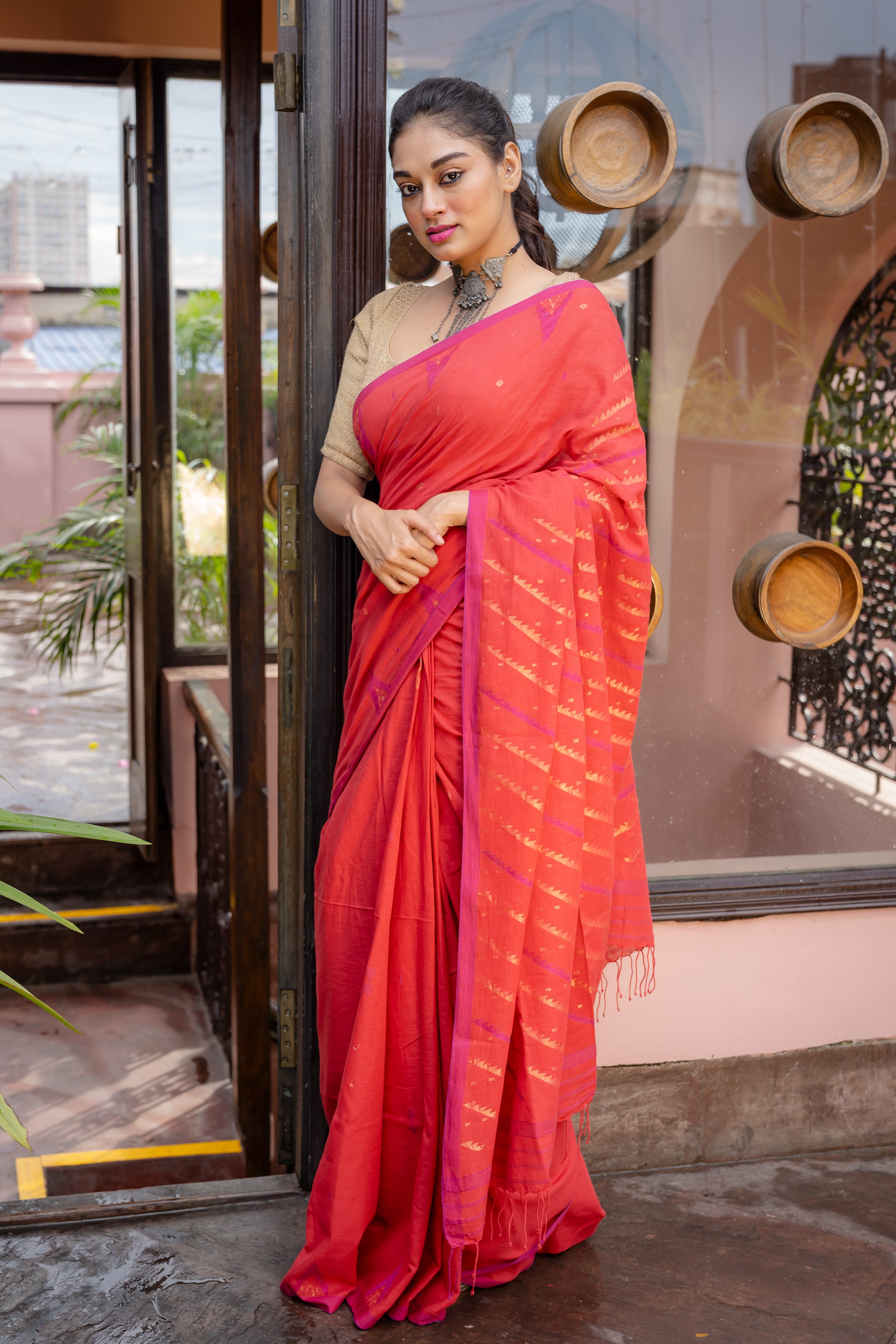 Red Khadi Linen Jamdani With Karat Pallu Saree - Aankona
