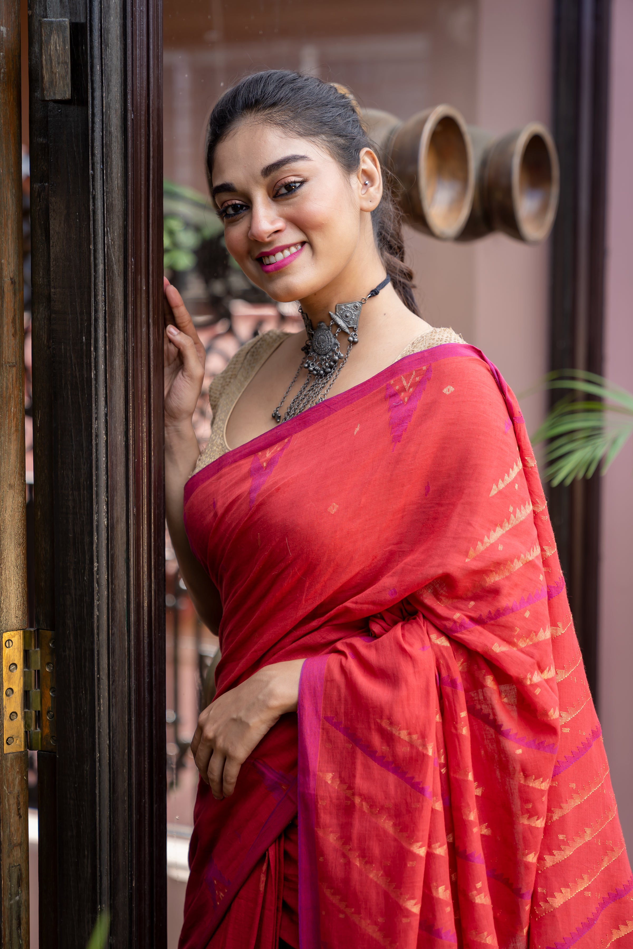 Red Khadi Linen Jamdani With Karat Pallu Saree - Aankona