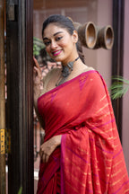 Red Khadi Linen Jamdani With Karat Pallu Saree - Aankona