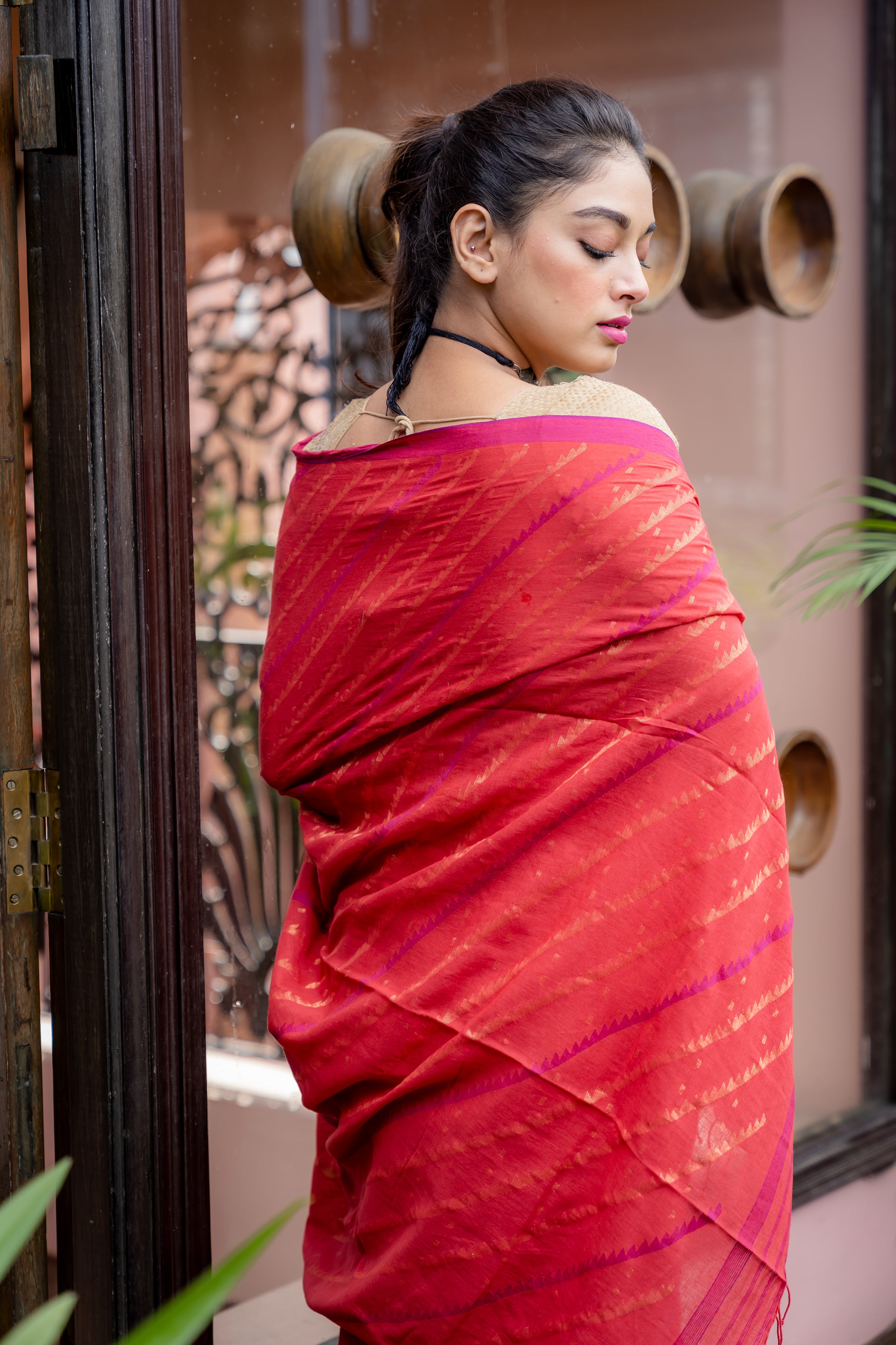 Red Khadi Linen Jamdani With Karat Pallu Saree - Aankona