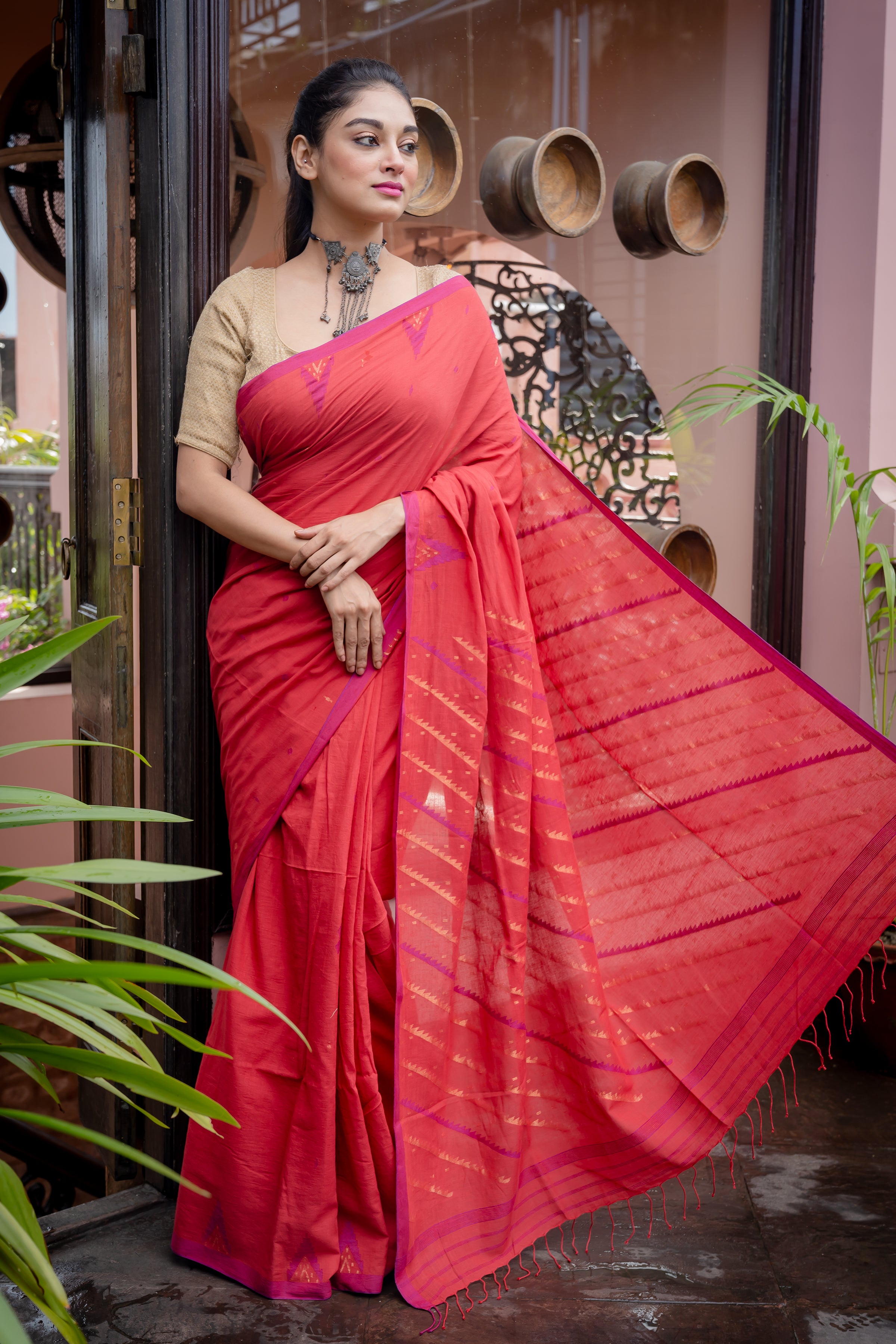 Red Khadi Linen Jamdani With Karat Pallu Saree - Aankona