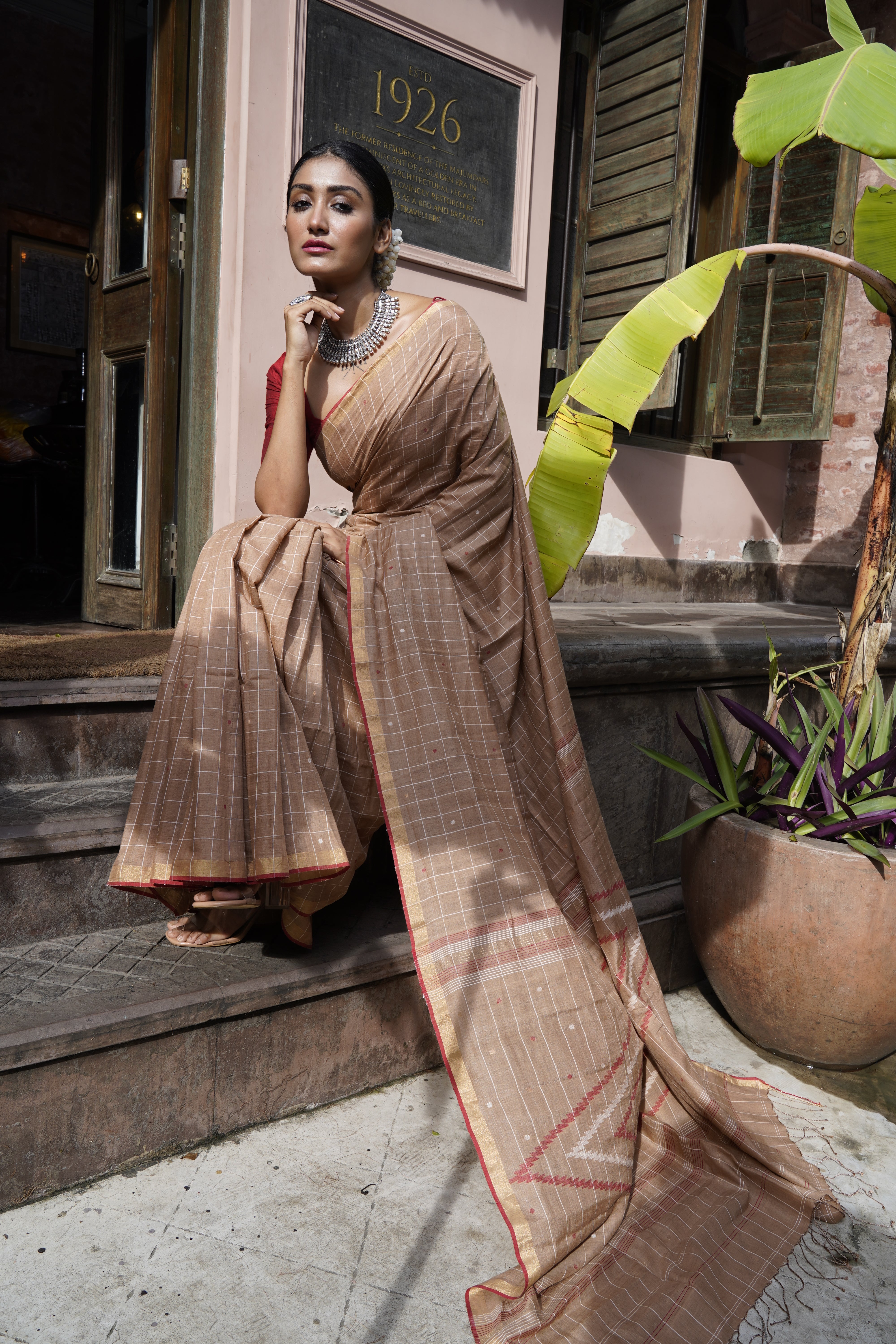 Handwoven Bronze Khadi Jamdani Saree