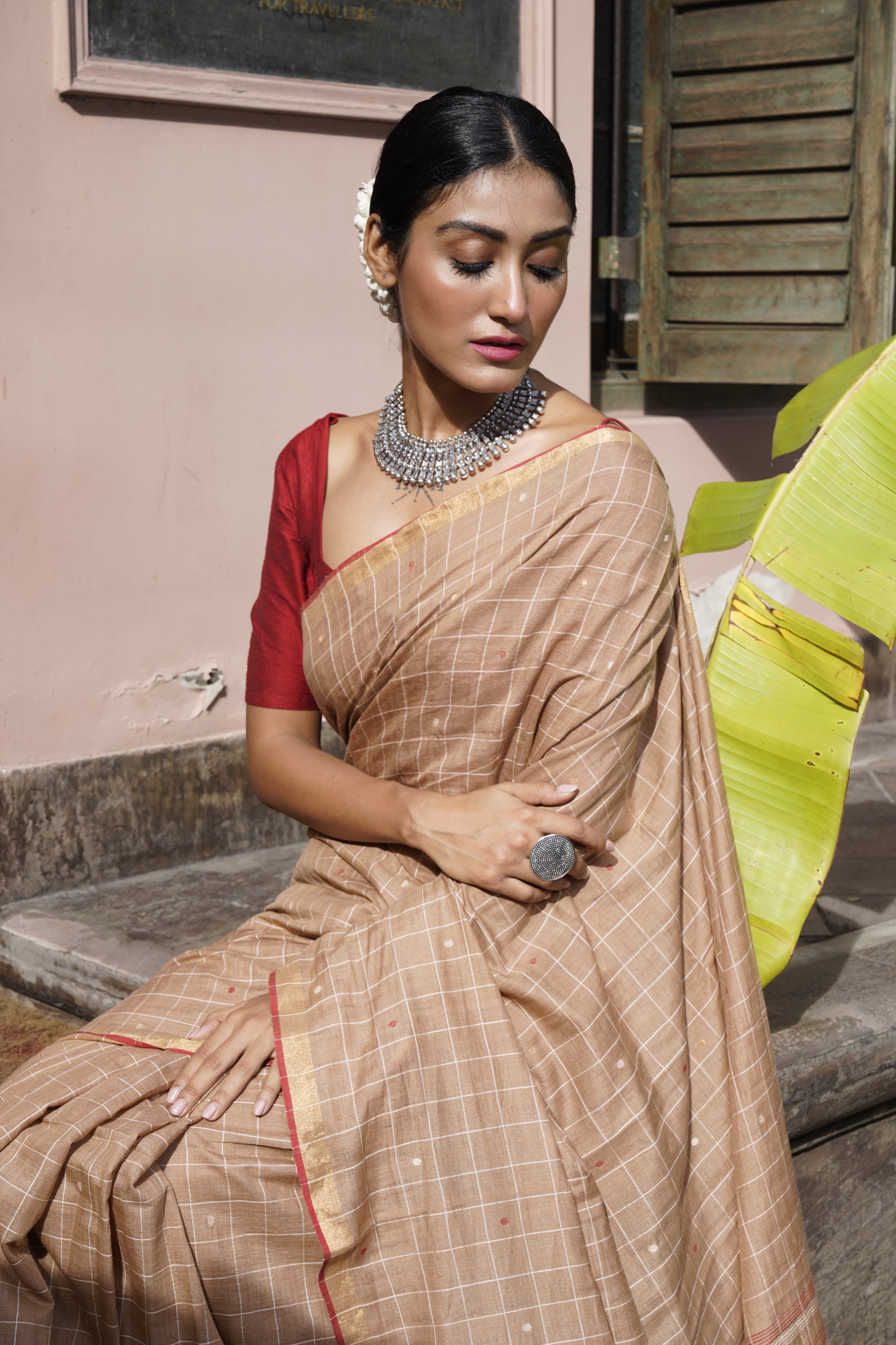 Handwoven Bronze Khadi Jamdani Saree