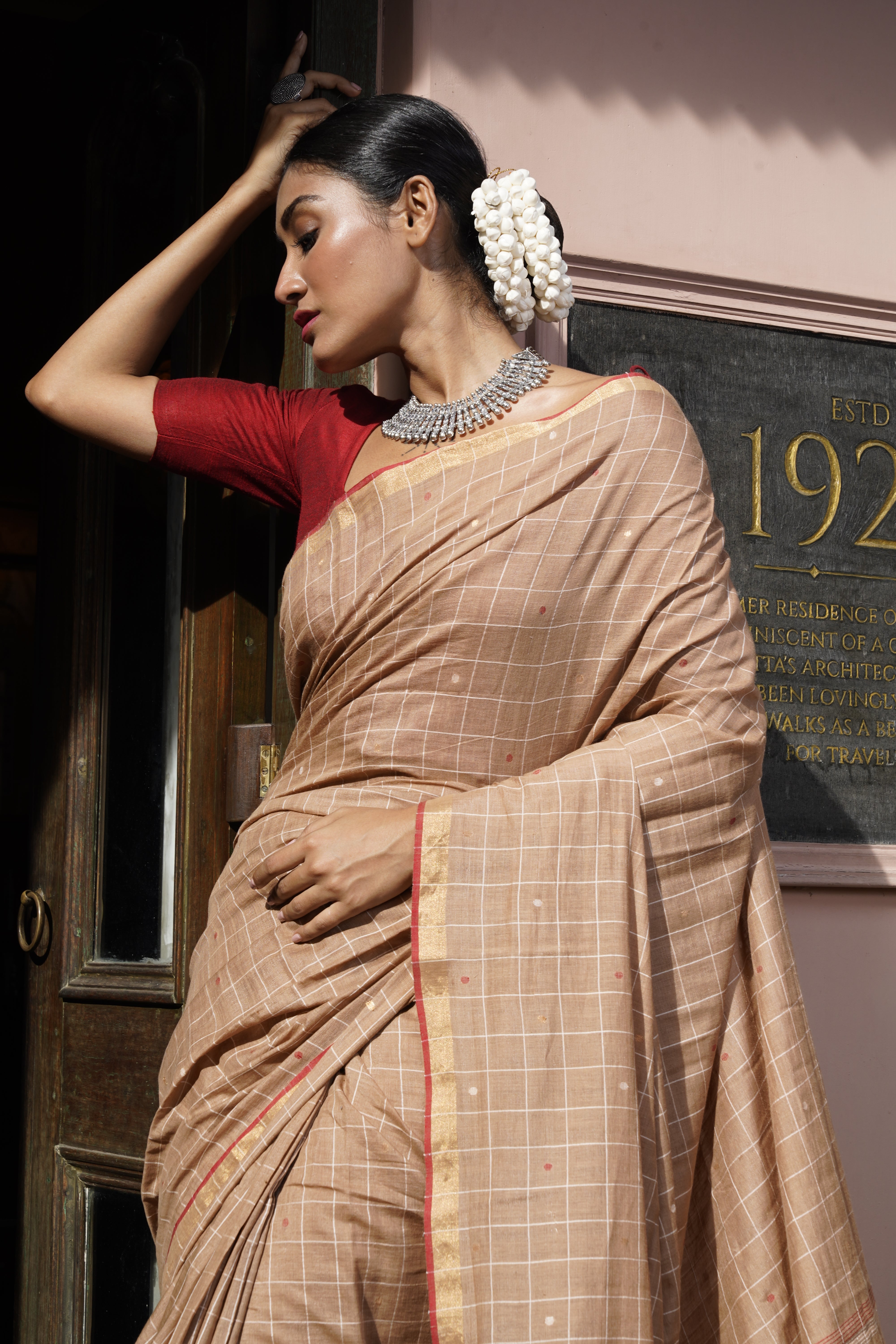 Handwoven Bronze Khadi Jamdani Saree