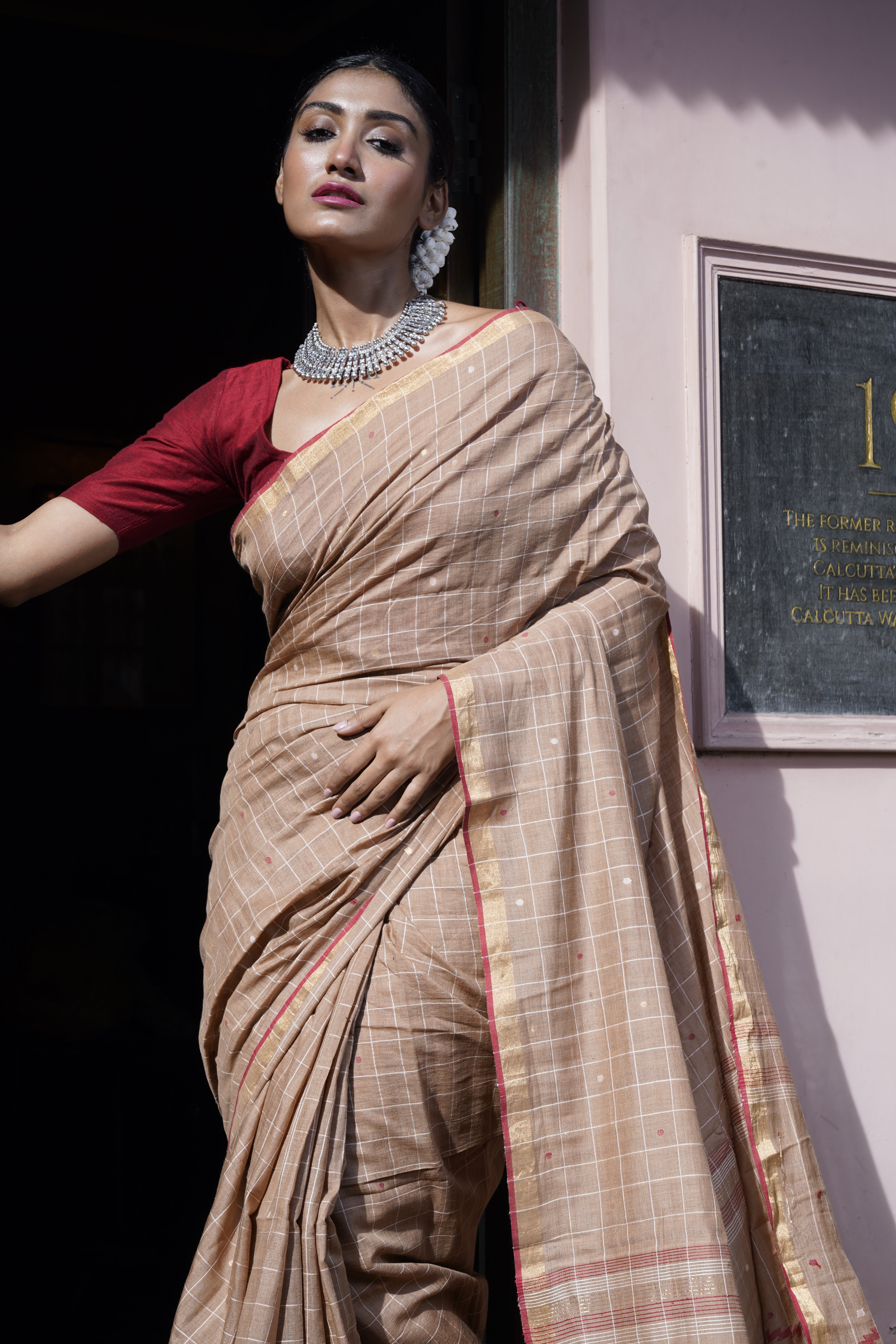 Handwoven Bronze Khadi Jamdani Saree