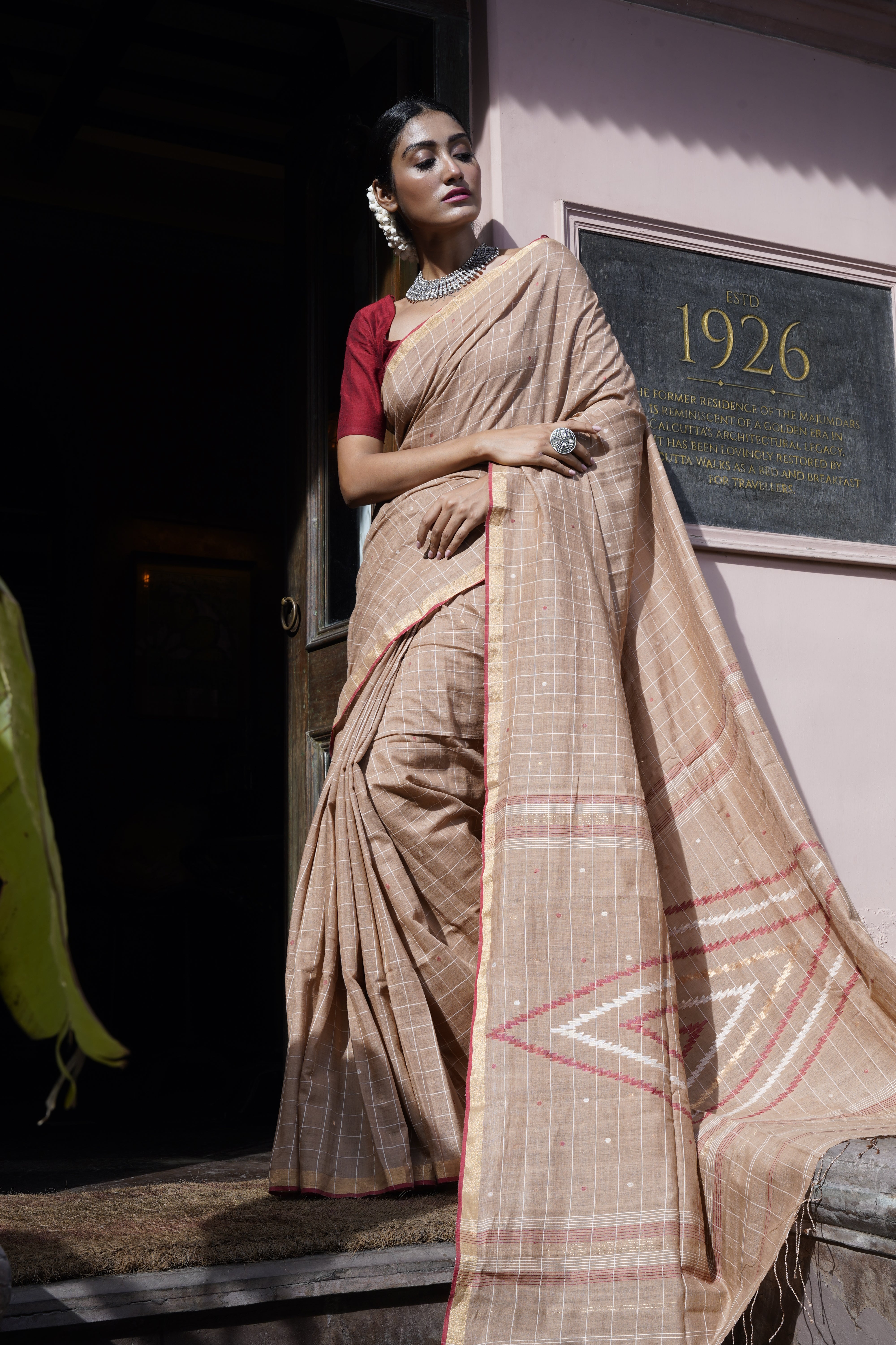 Handwoven Bronze Khadi Jamdani Saree