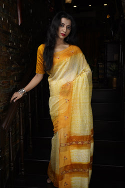 Handwoven Yellow Shibory Saree With HandWork