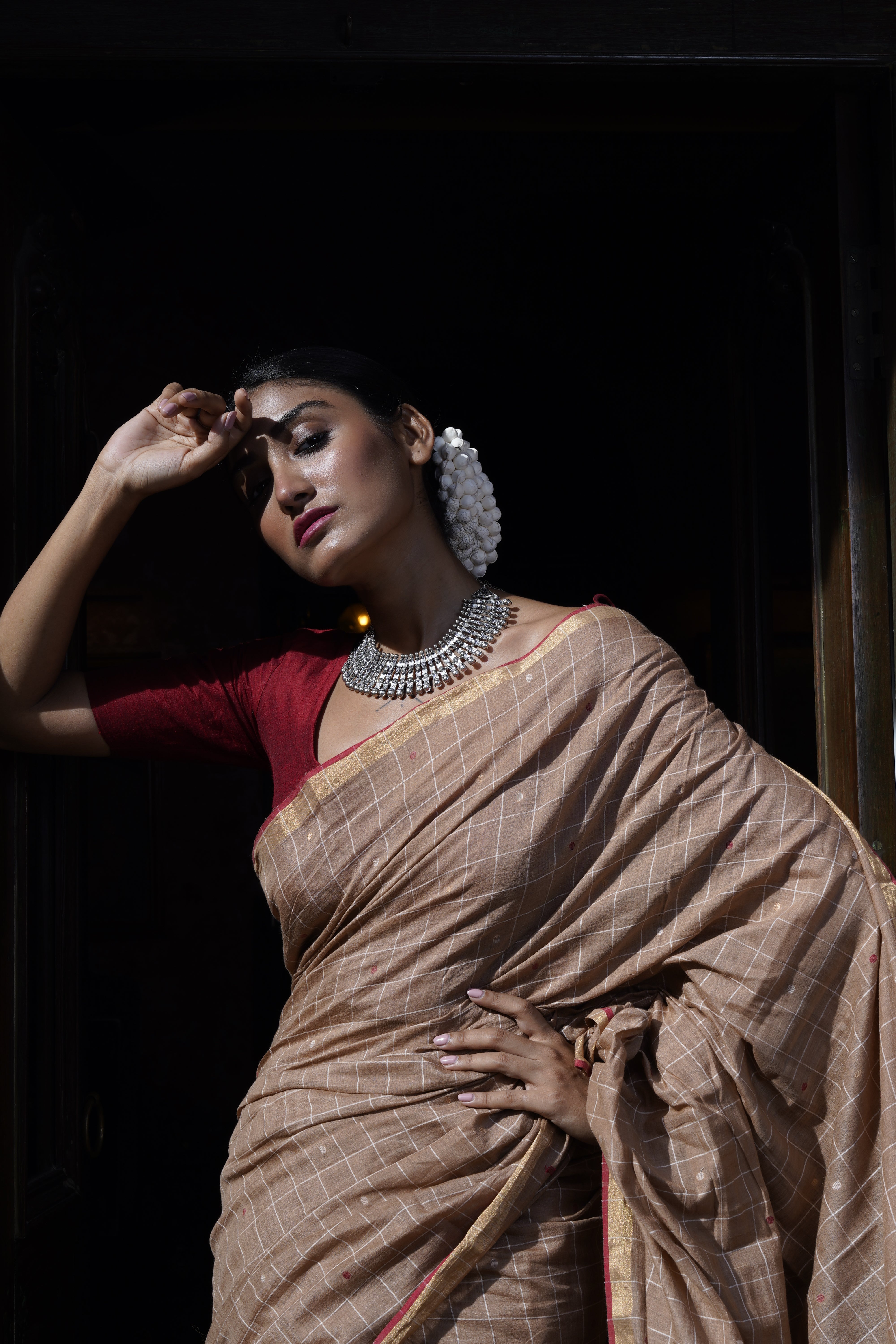 Handwoven Bronze Khadi Jamdani Saree