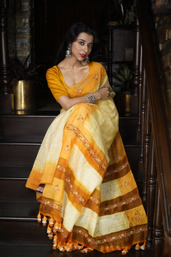 Handwoven Yellow Shibory Saree With HandWork