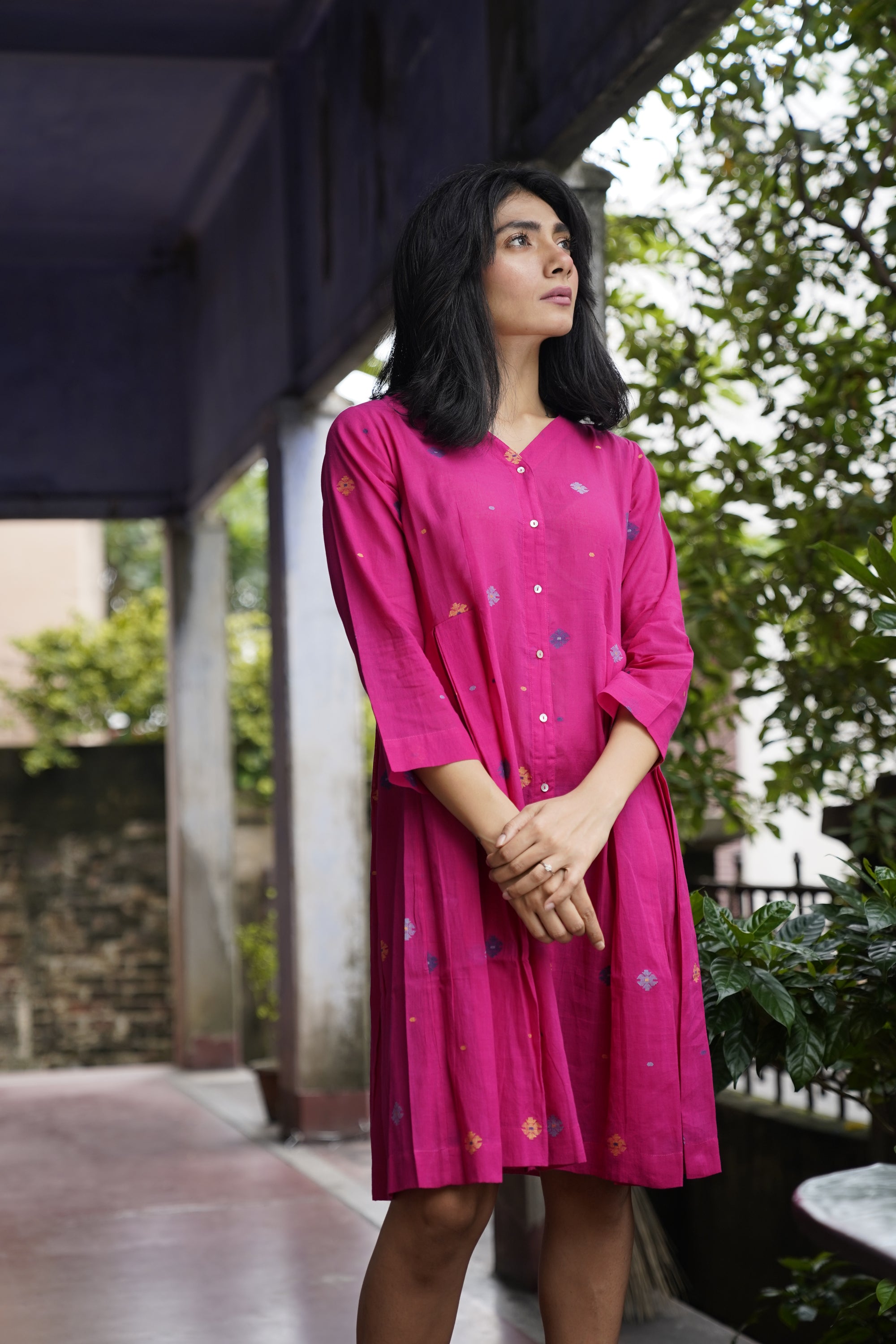 Fuchsia pink jamdani cotton tunic - Aankona