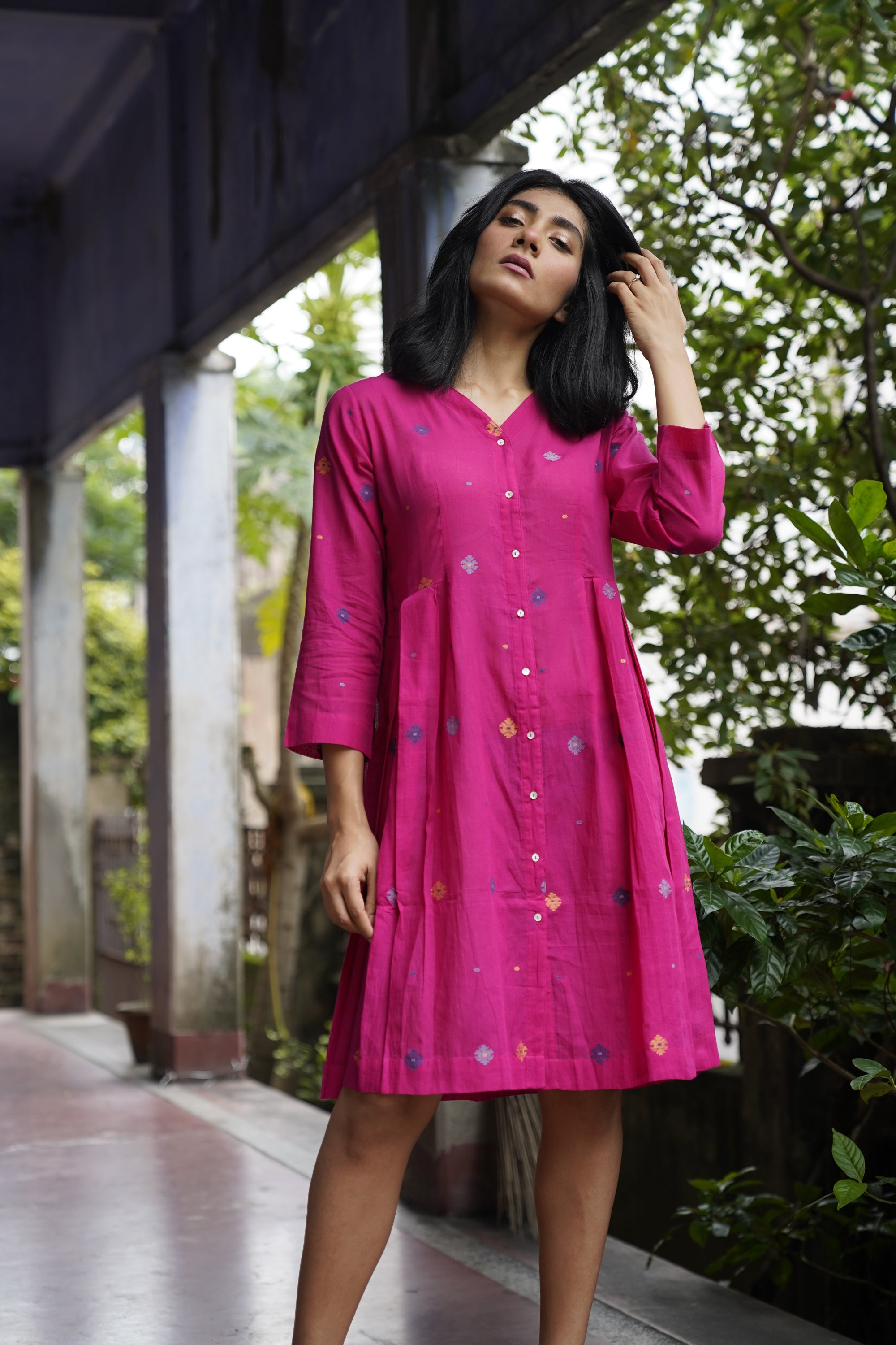 Fuchsia pink jamdani cotton tunic - Aankona
