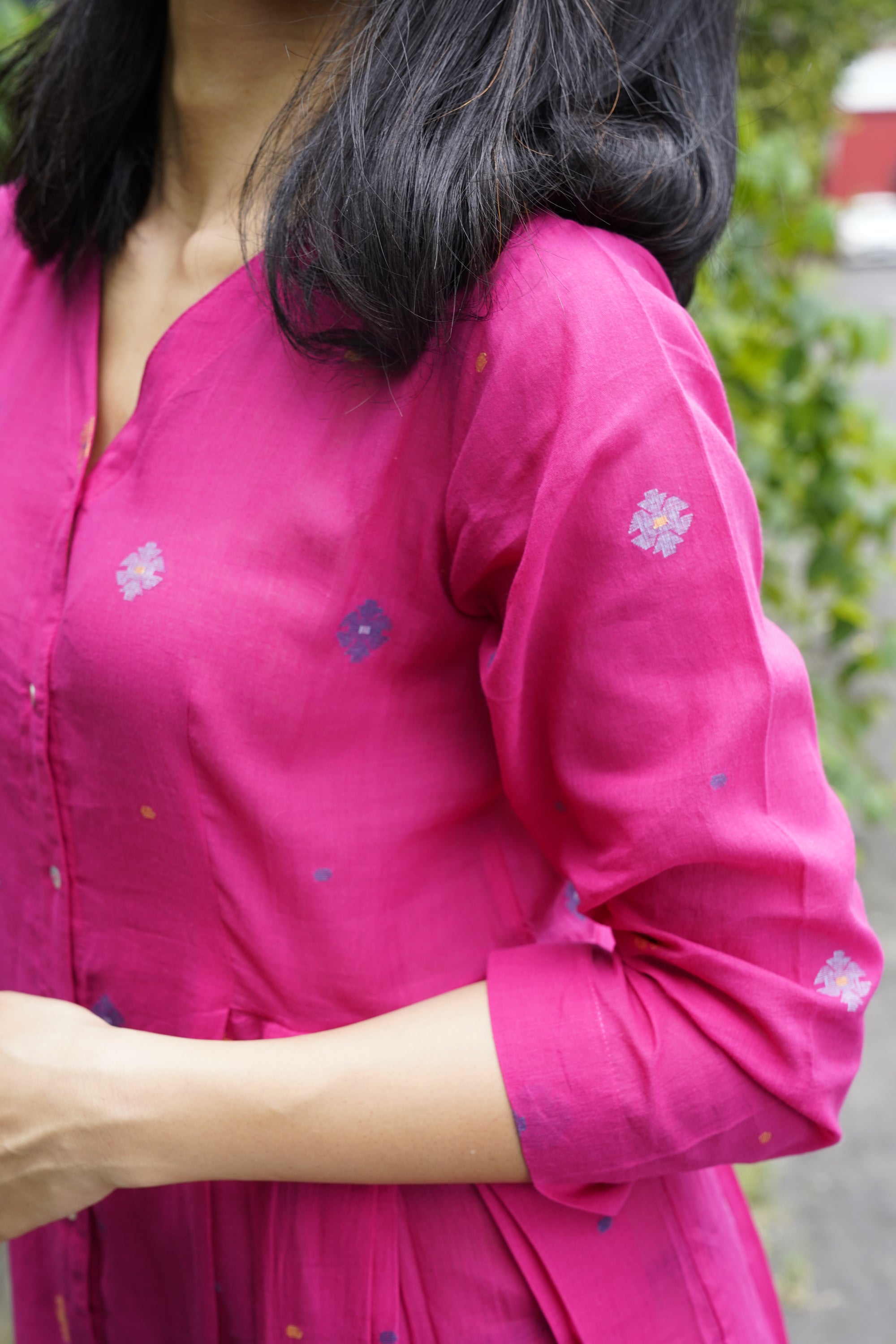Fuchsia pink jamdani cotton tunic - Aankona
