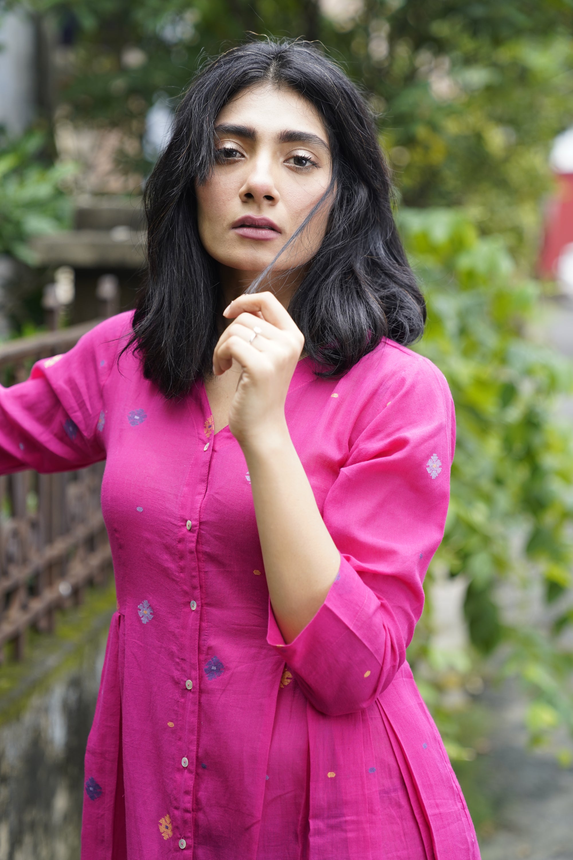 Fuchsia pink jamdani cotton tunic - Aankona