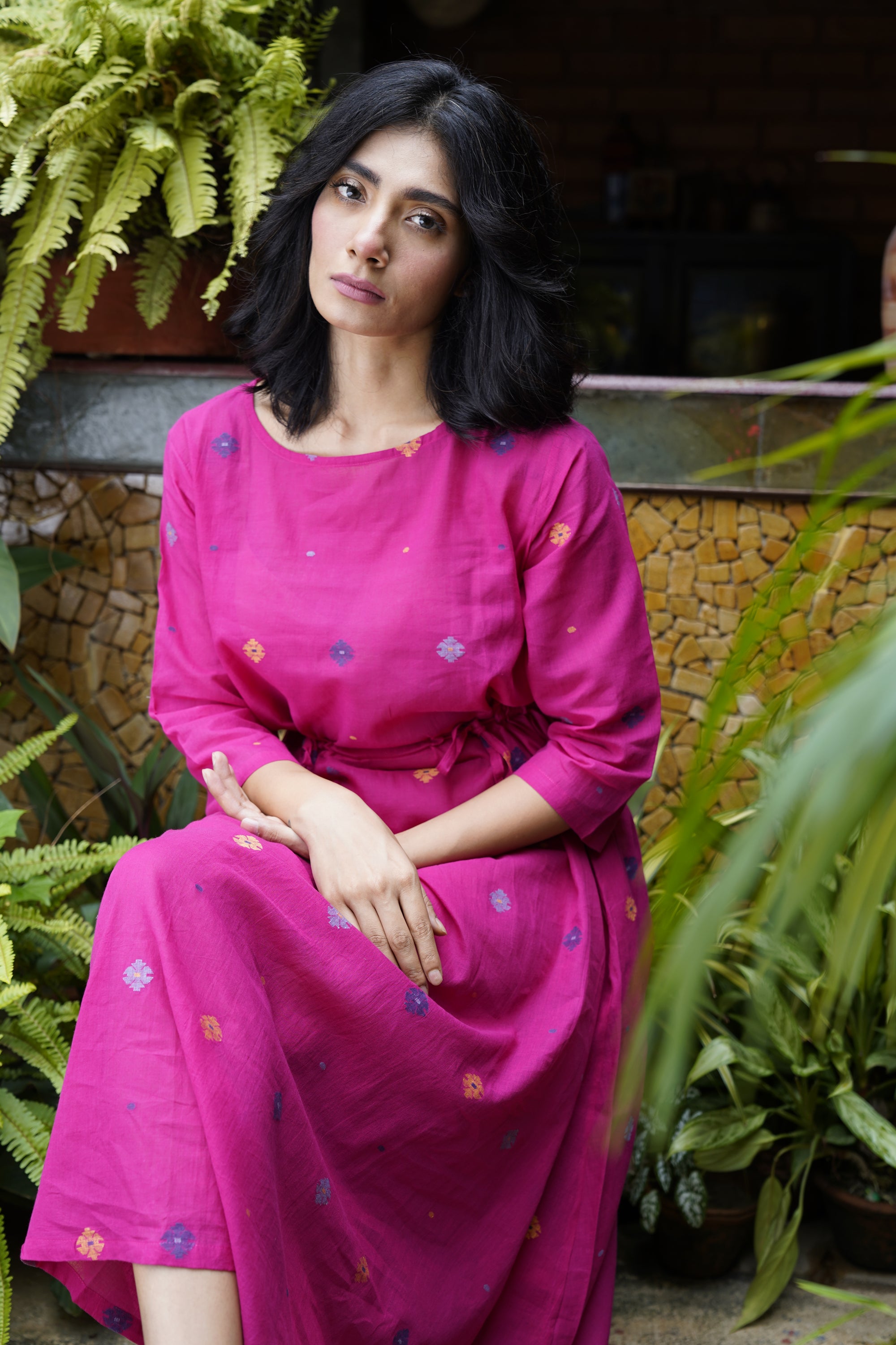 Fuchsia pink jamdani cotton dress - Aankona