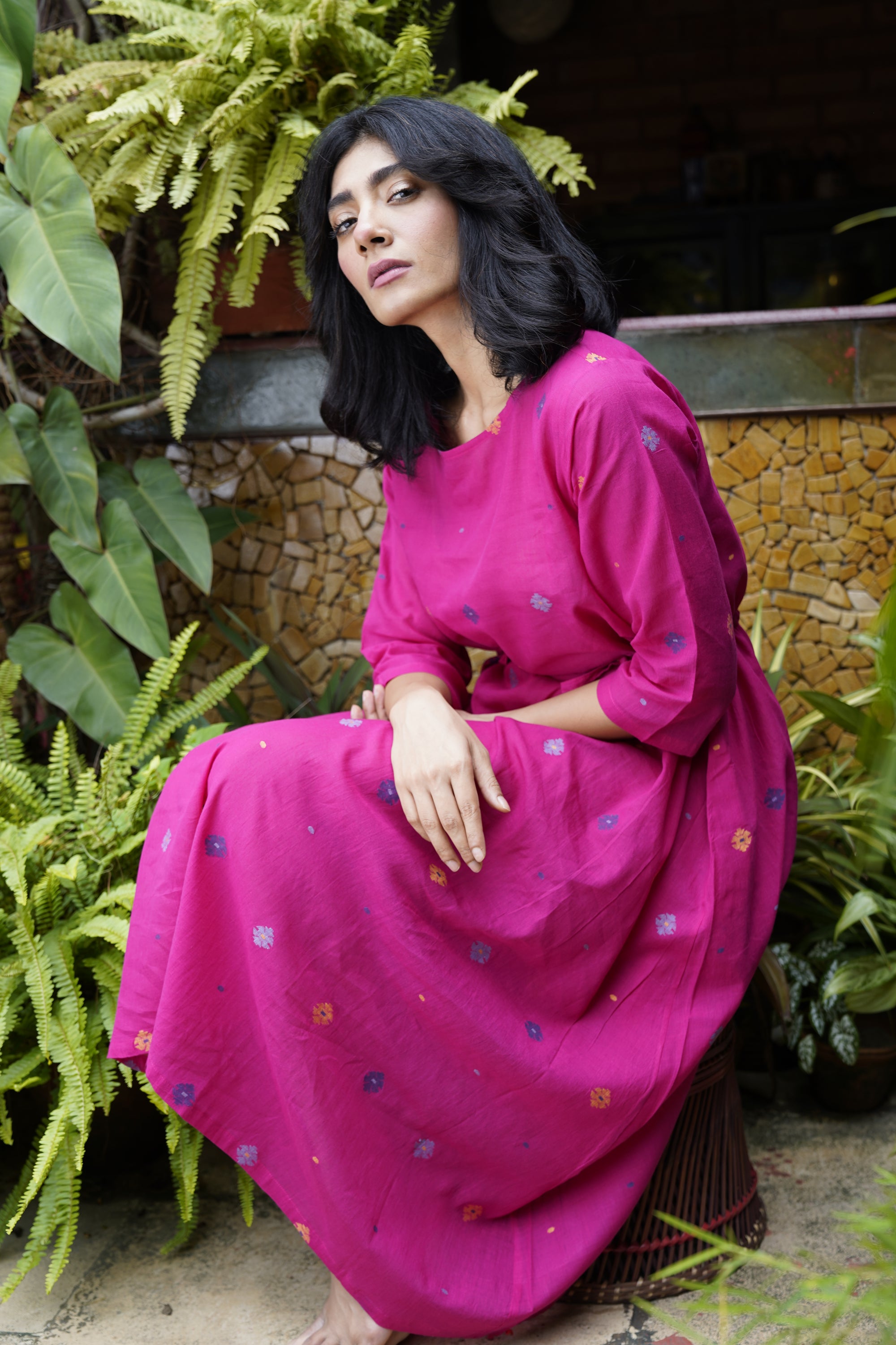 Fuchsia pink jamdani cotton dress - Aankona