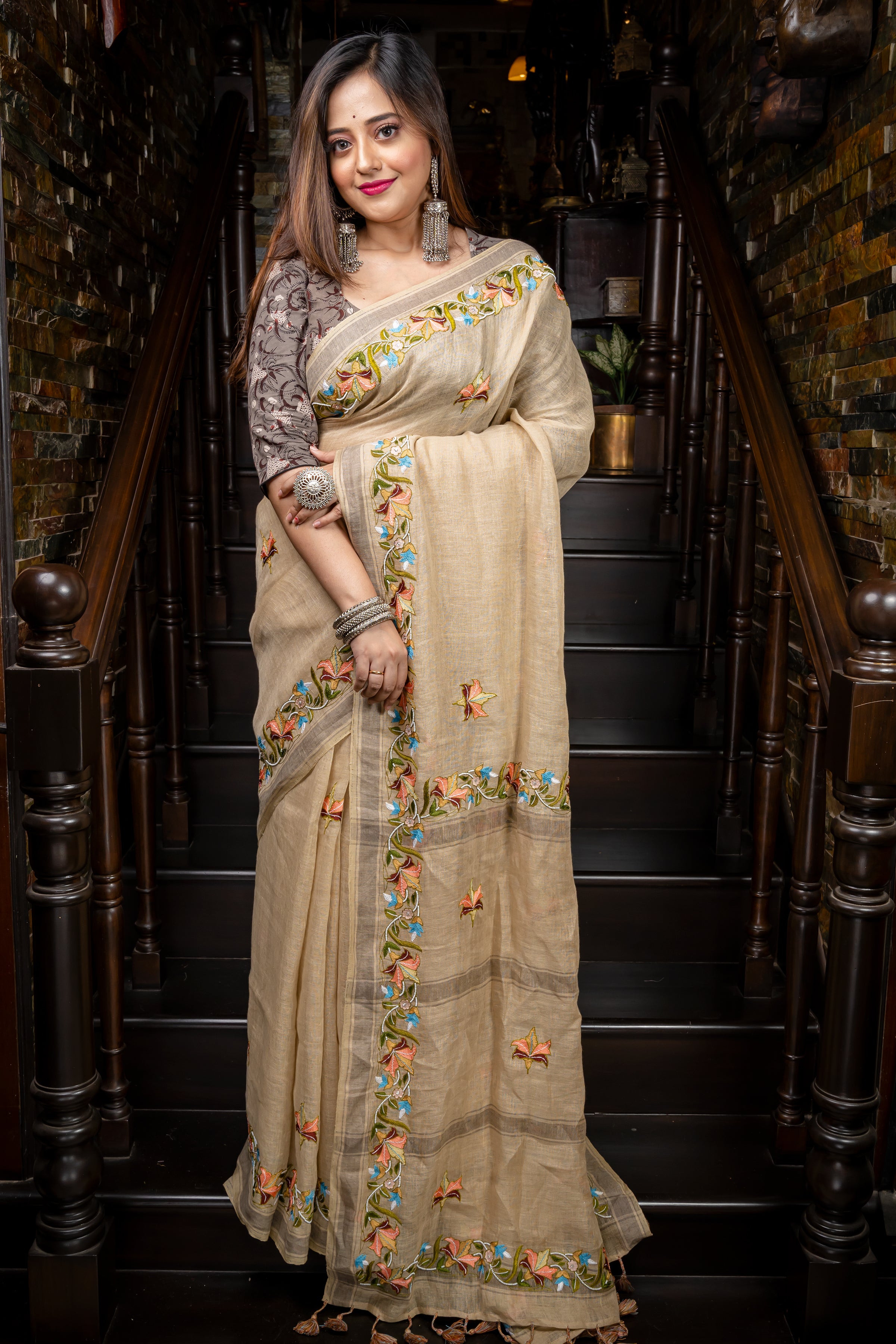 Handwoven Beige Linen Saree With Kantha Work