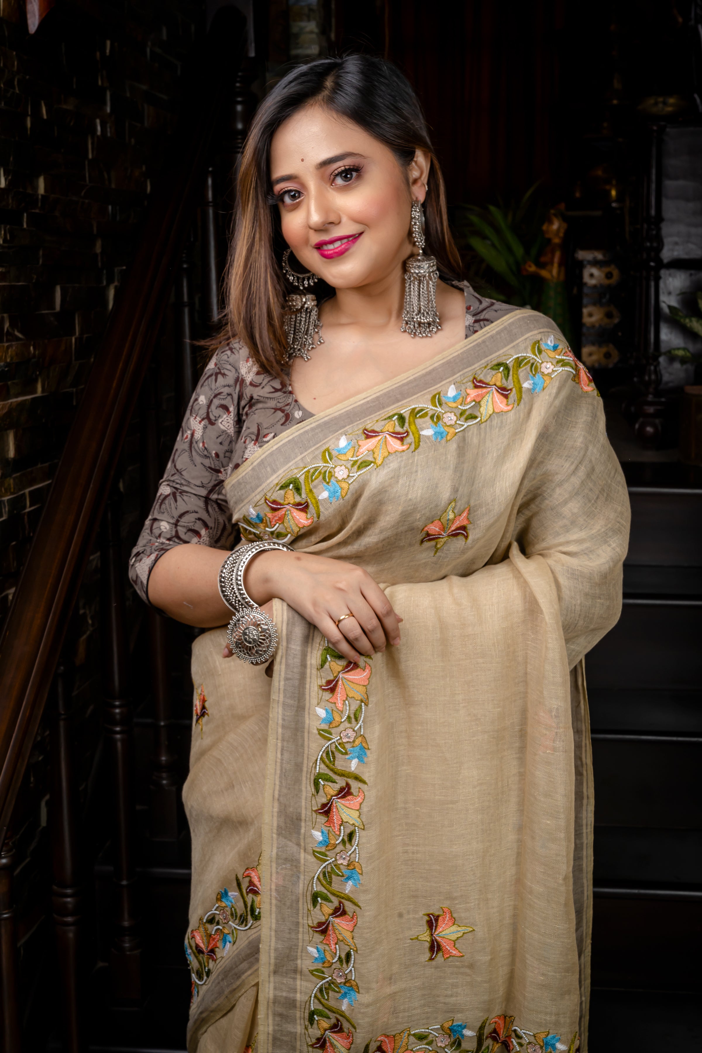 Handwoven Beige Linen Saree With Kantha Work