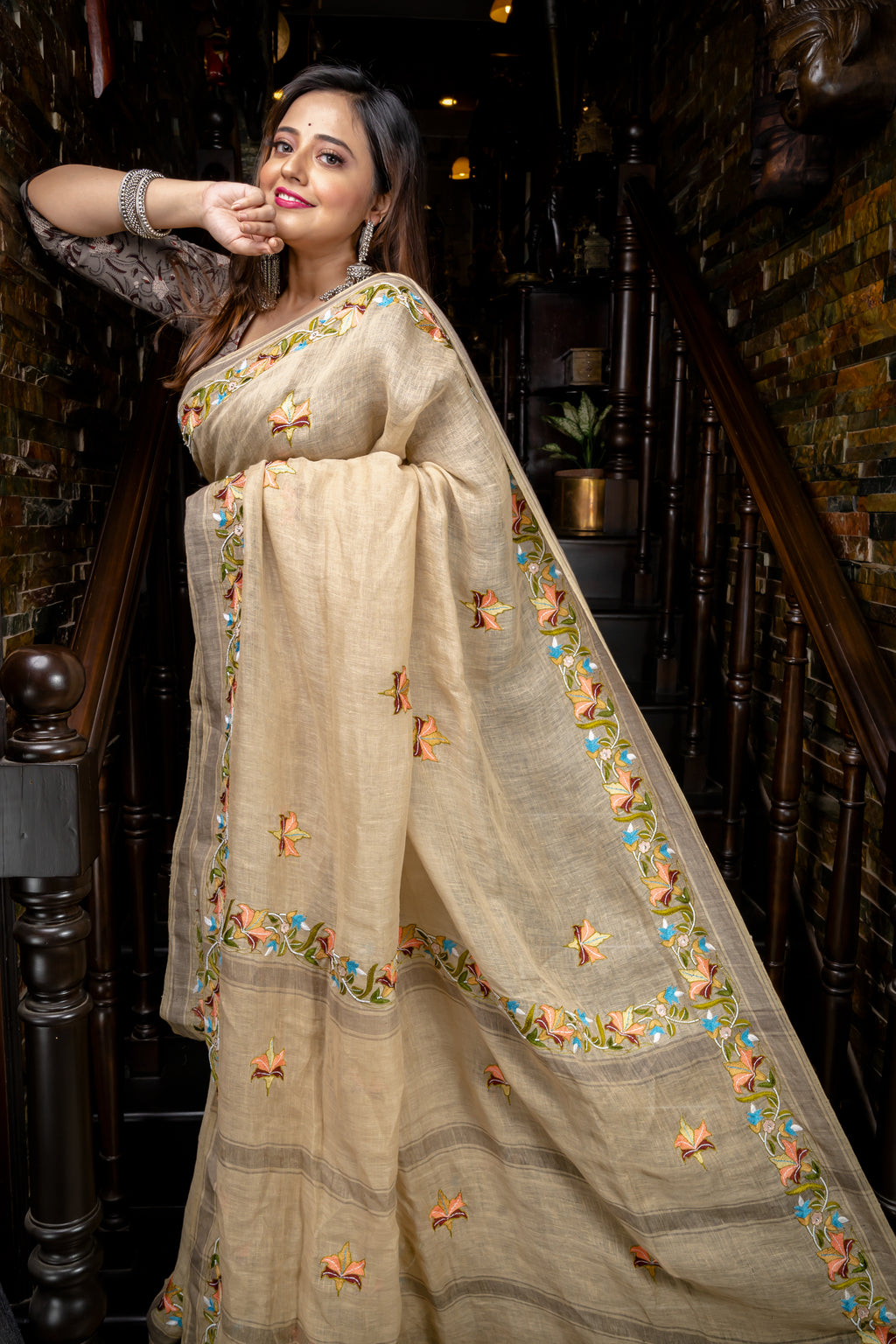Handwoven Beige Linen Saree With Kantha Work