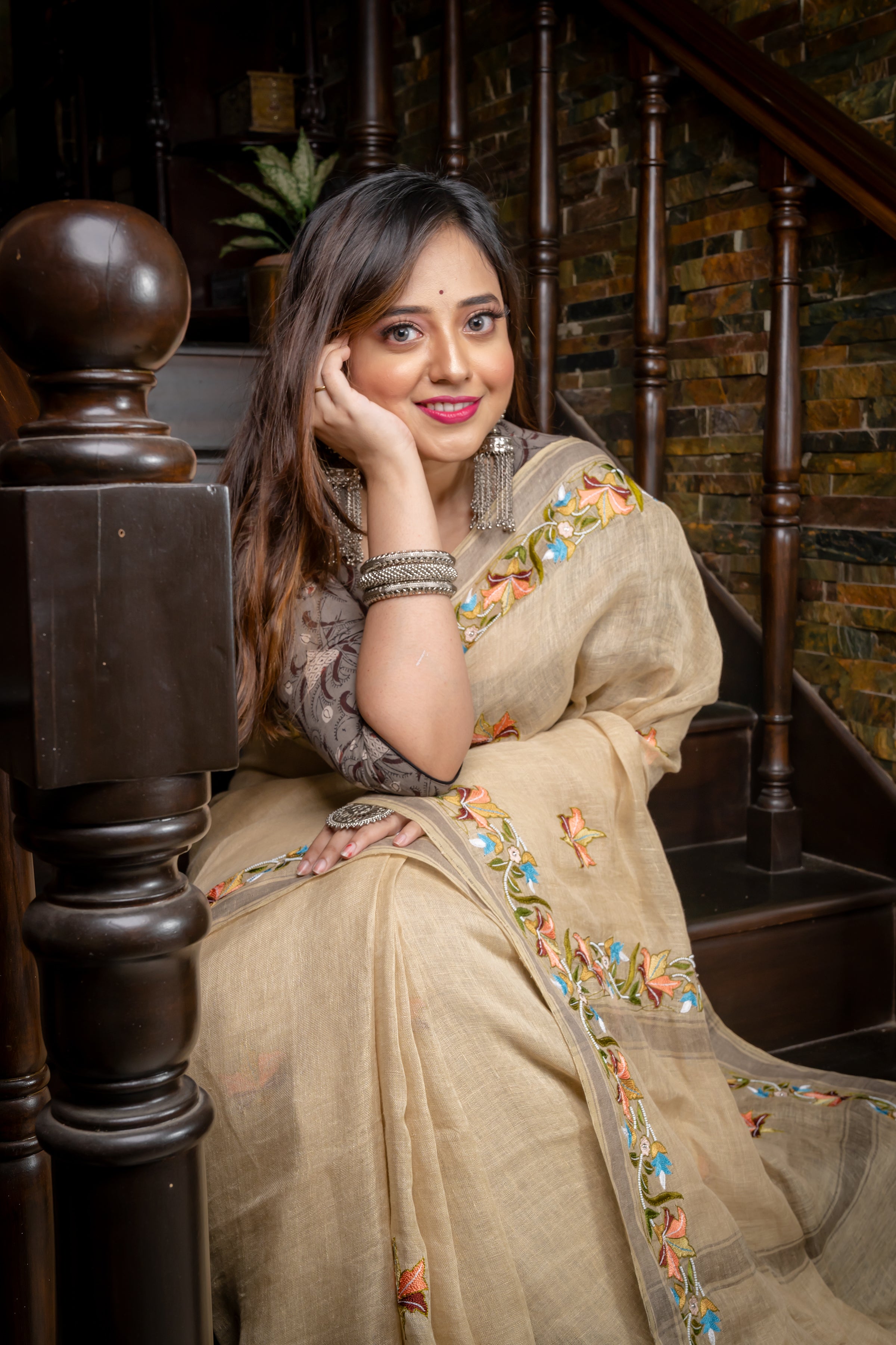 Handwoven Beige Linen Saree With Kantha Work