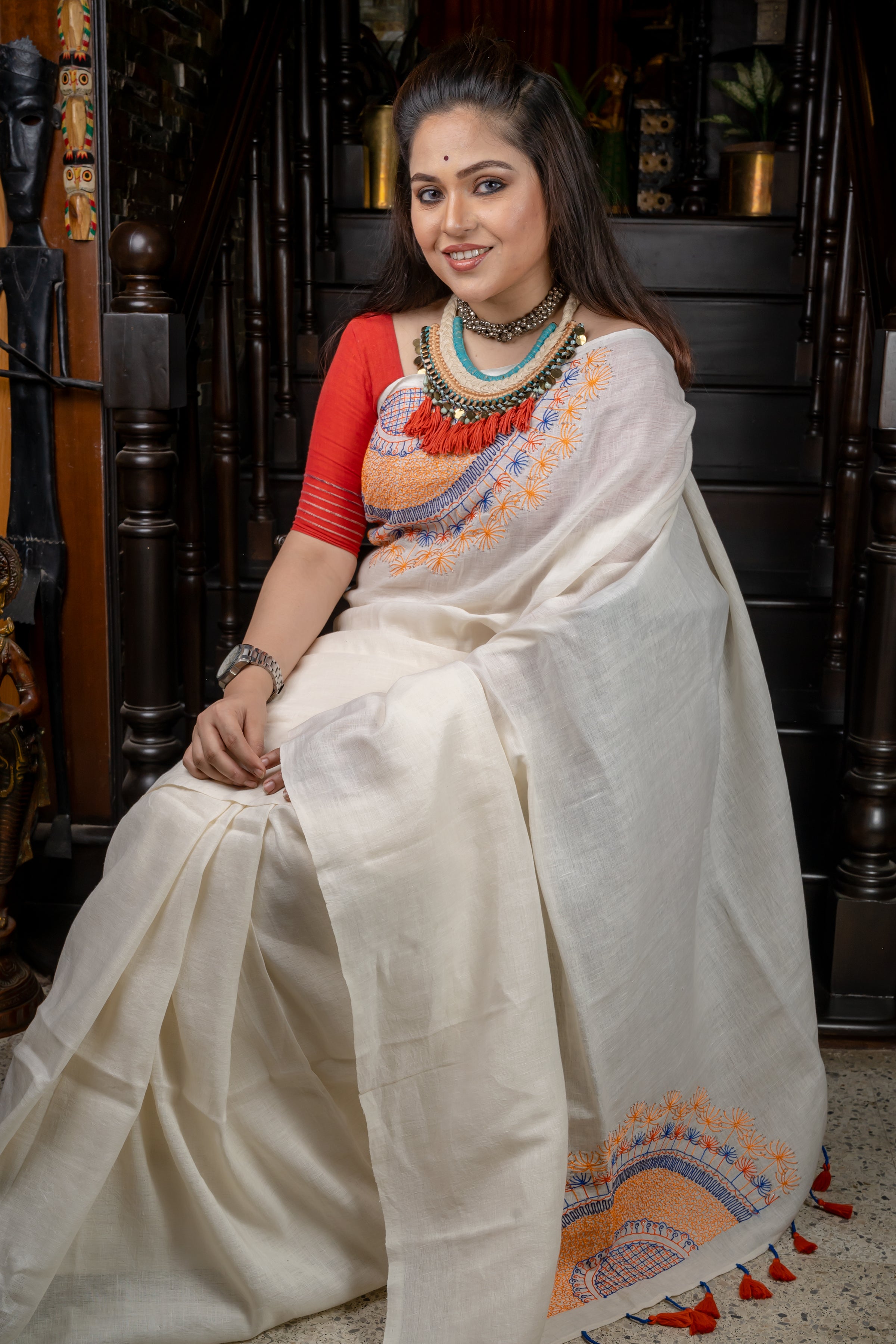 Handwoven White linen saree with needle word saree